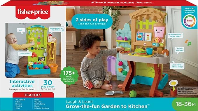 Fisher-Price Laugh & Learn Grow-the-Fun Garden to Kitchen, Interactive Farm-to-Kitchen Playset for Toddlers with Music, Lights and Learning Content