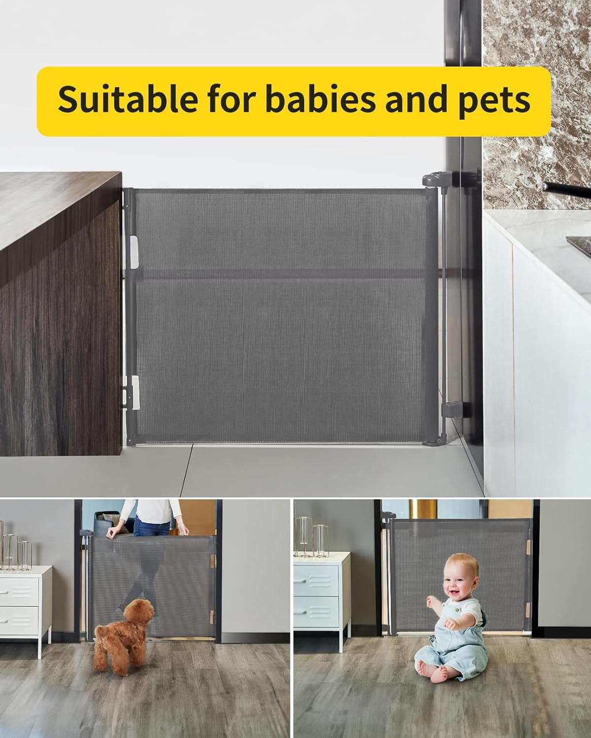 Dearlomum Retractable Baby Gate,Mesh Baby Gate or Mesh Dog Gate,84 cm Tall,Extends up to 140 cm Wide,Child Safety Gate for Doorways, Stairs, Hallways, Indoor/Outdoor（Grey)