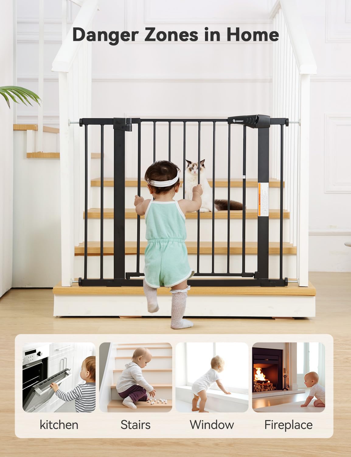 COMOMY 29.5-43.3" Safety Baby Gate Extra Wide, Auto Close Dog Gate for House Doorways Stairs, Pressure Mounted Easy Walk Through Pet Gate Child Gate, Includes 2.75" and 8.25" Extension, Black