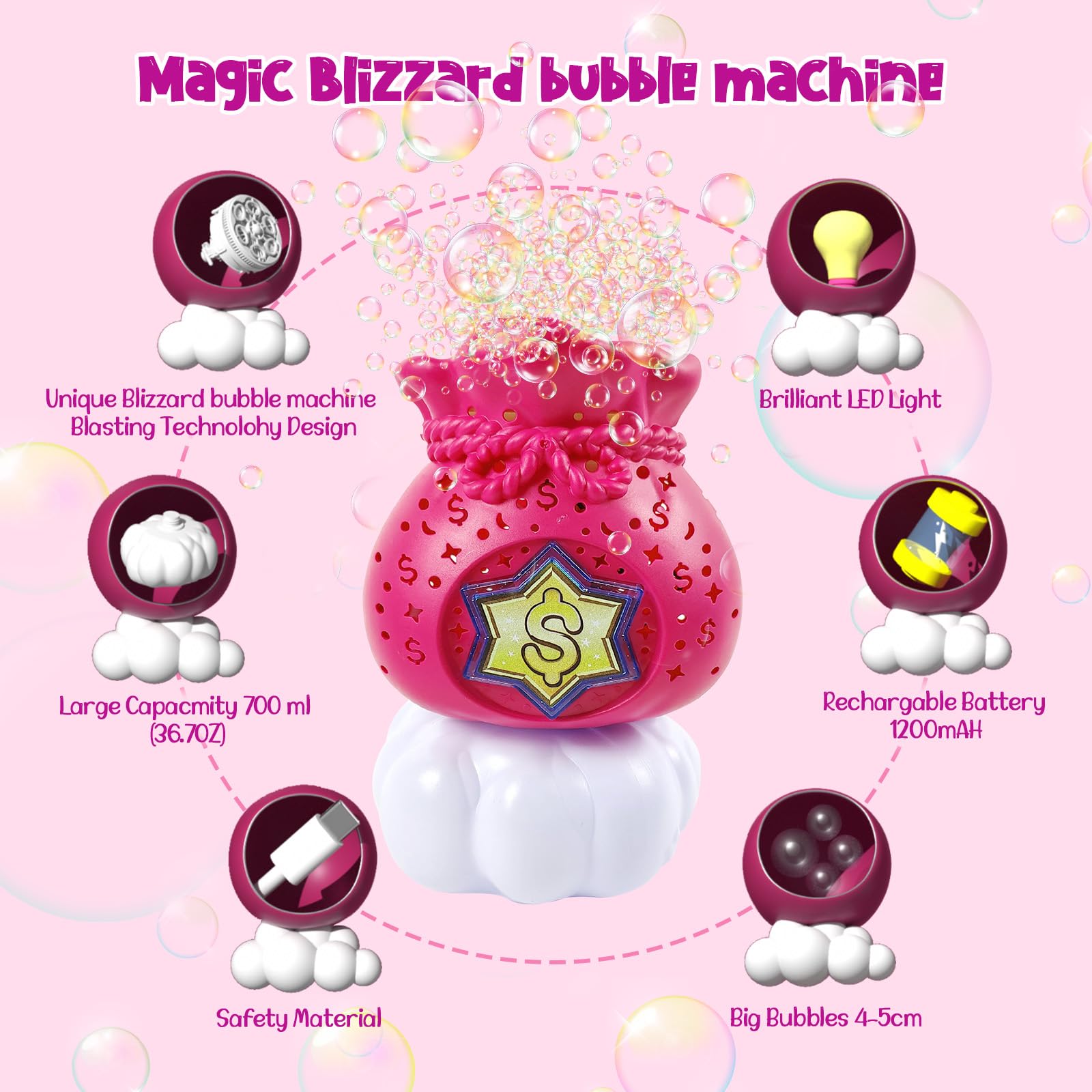 Blizzard Dollar Bag Bubble Machine,Brilliant Light & Automatic Bubble Maker Blower,Fun Bubble Gun Toy,Indoor Outdoor Bubble Toy for Kids & Toddlers,Birthday Party Gifts for Boys & Girls Age 3+ Years