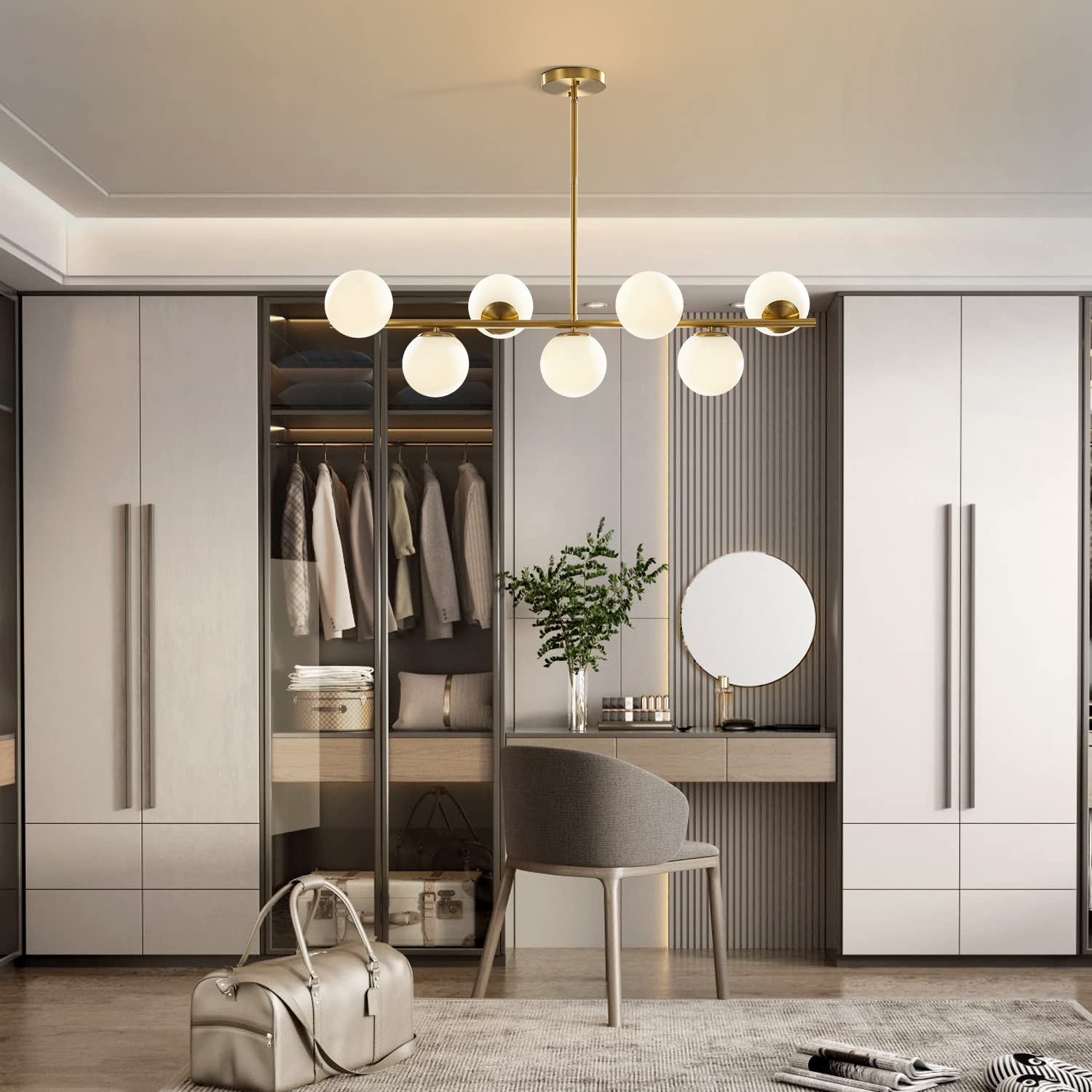 KCO Lighting Modern Brass Linear Chandelier Pendant Light, Gold and White