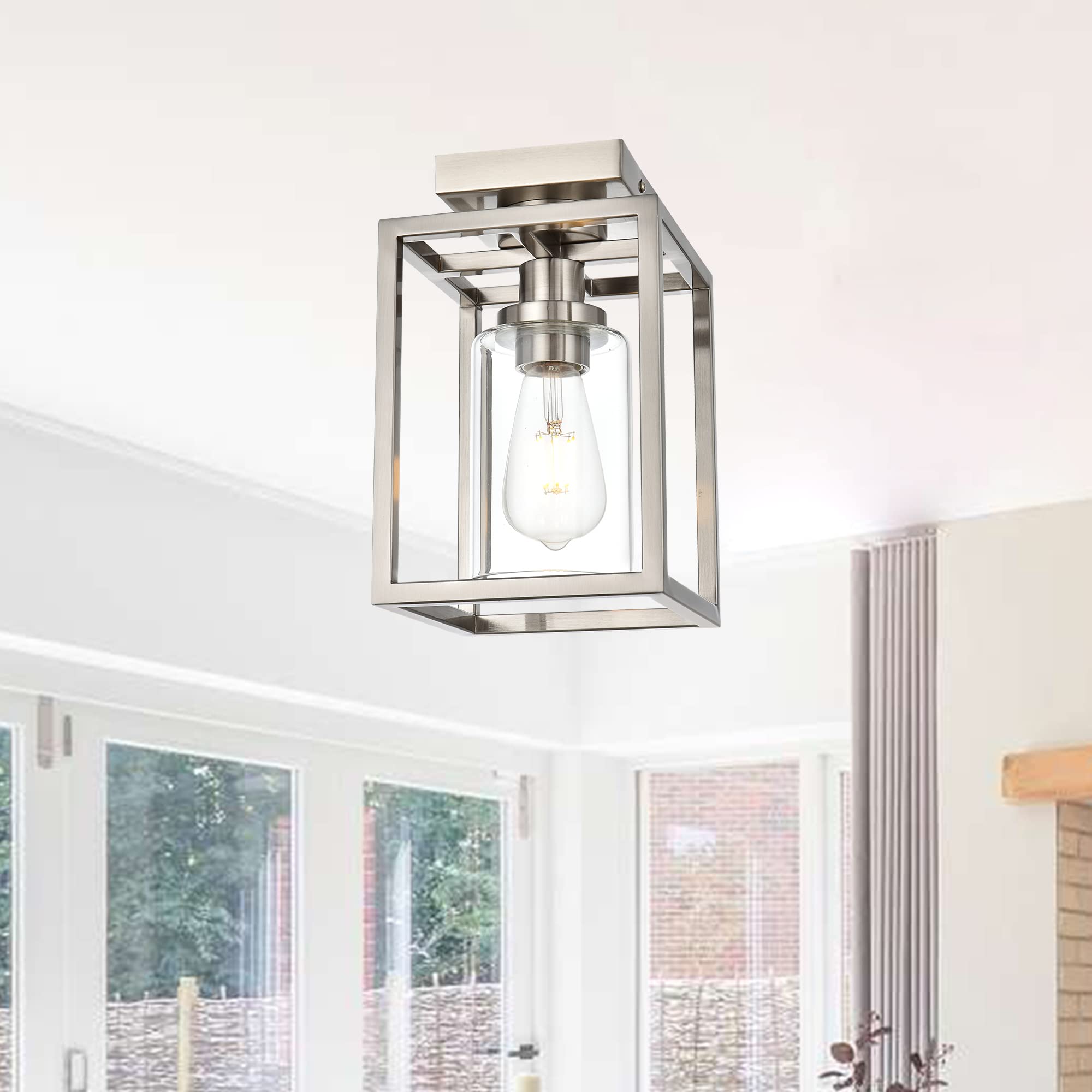 MELUCEE Semi Flush Mount Ceiling Light Brushed Nickel Finish, 1-Light Industrial Island Light Geometric Metal Cage Farmhouse Ceiling Light Fixture for Entryway Porch Bedroom Dining Room