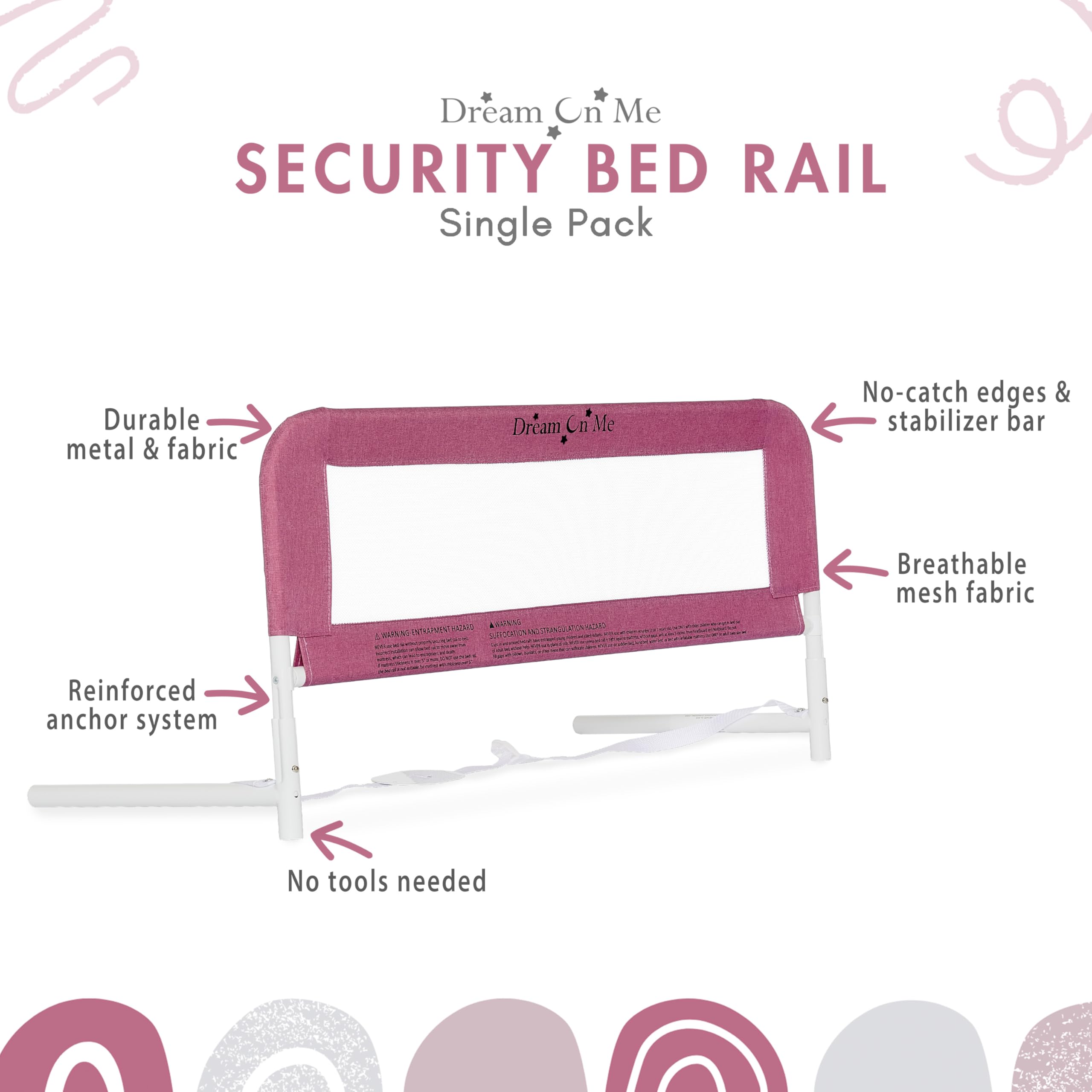 Dream On Me Lightweight Mesh Security Adjustable Bed Rail for Toddler, Breathable Mesh Fabric, Suitable for All Types of Beds, Reinforced Anchor System Bed Guard Rail, Pink