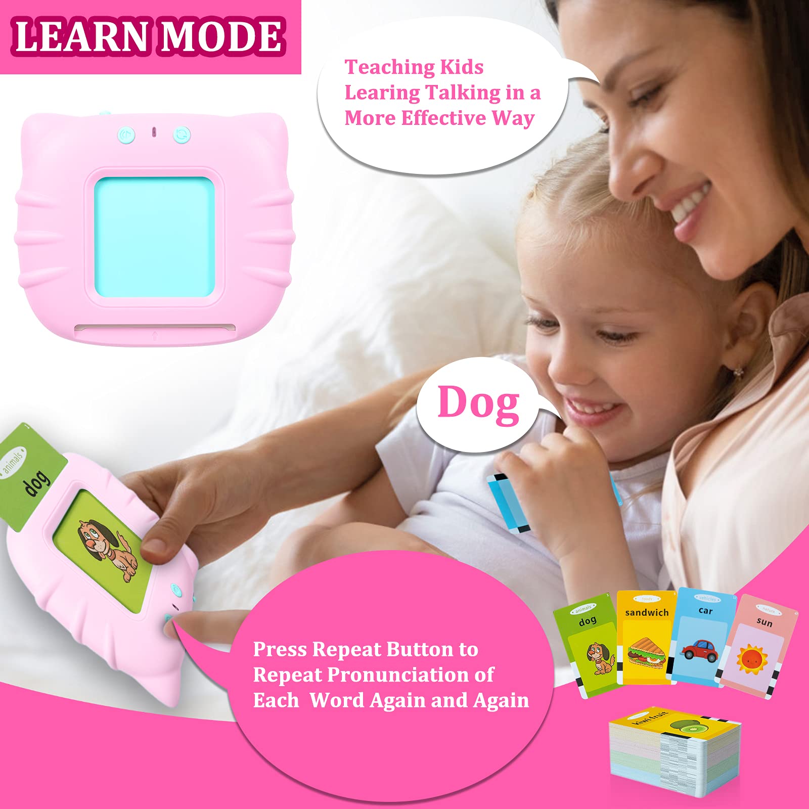 QuTZ Talking Flash Cards Learning Toys for Toddlers 2 3 4 5 6 Years Old with Sound Effect, Toddler Toys for Girls and Boys, 224 Sight Words Learning and Pronunciation, Birthday Christmas Pink
