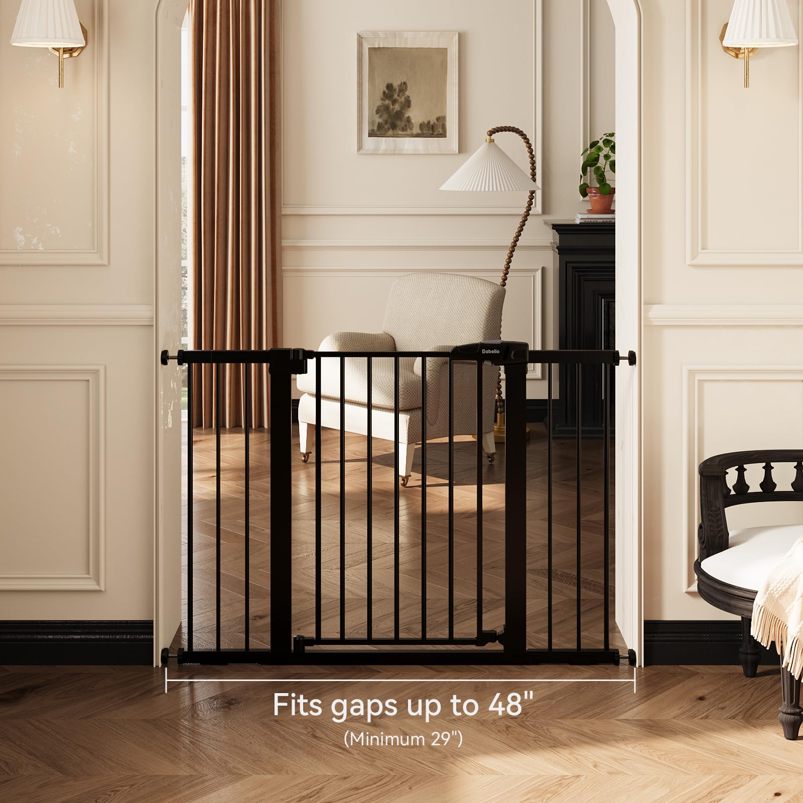 BABELIO Mom's Choice Award Winner- Metal Baby Gate, 29-48'' Wide Pet Gate, Walk Thru Child Safety Gate with Door, Pressure Mounted Dog Gate for Doorways & Stairs, with Y Spindle Rods