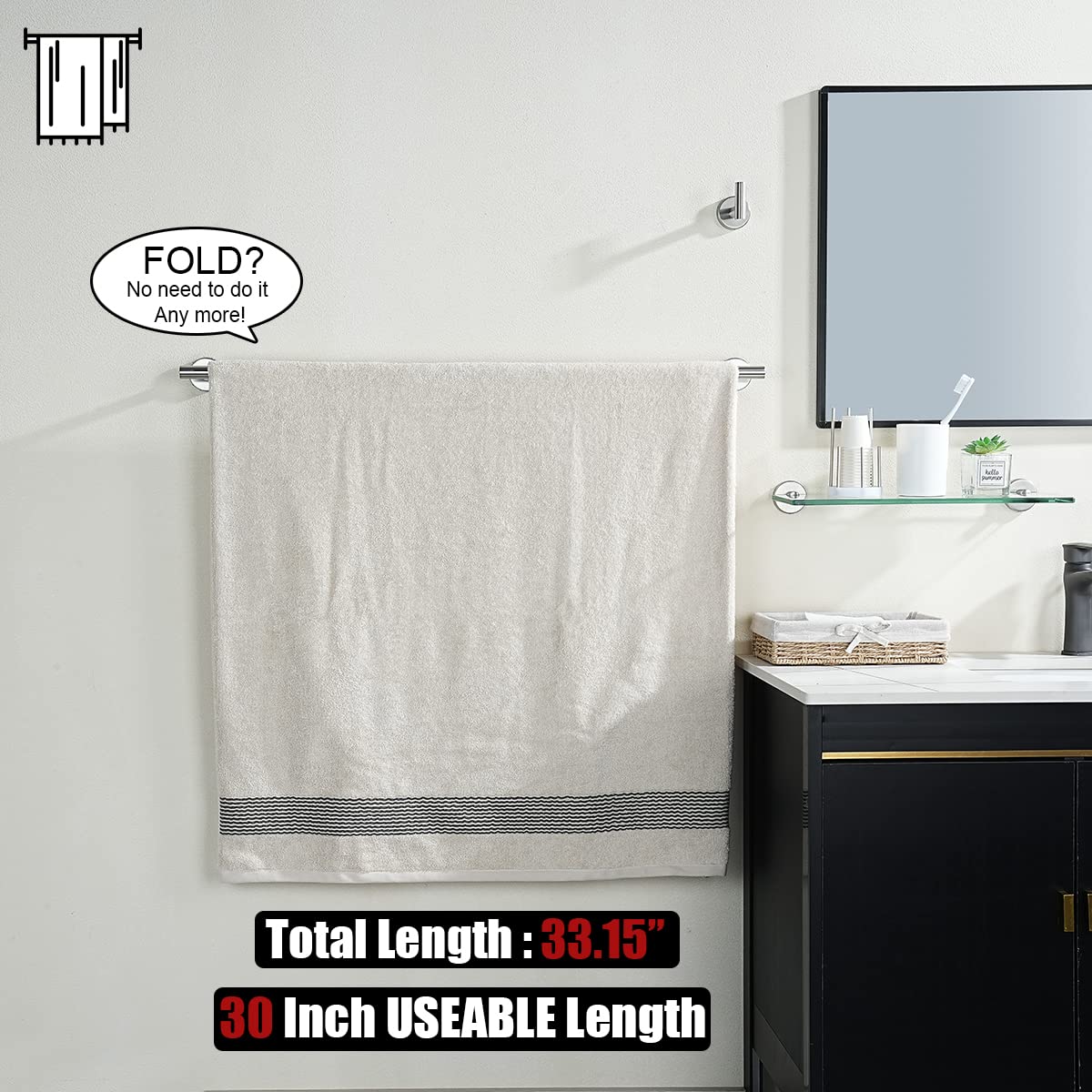 JQK Bath Towel Bar, 30 Inch 304 Stainless Steel Thicken 0.8mm Single Towel Rack for Bathroom, Towel Holder (Brushed Finished) Wall Mount, 32.91 in Total Length, TB110L30-BN
