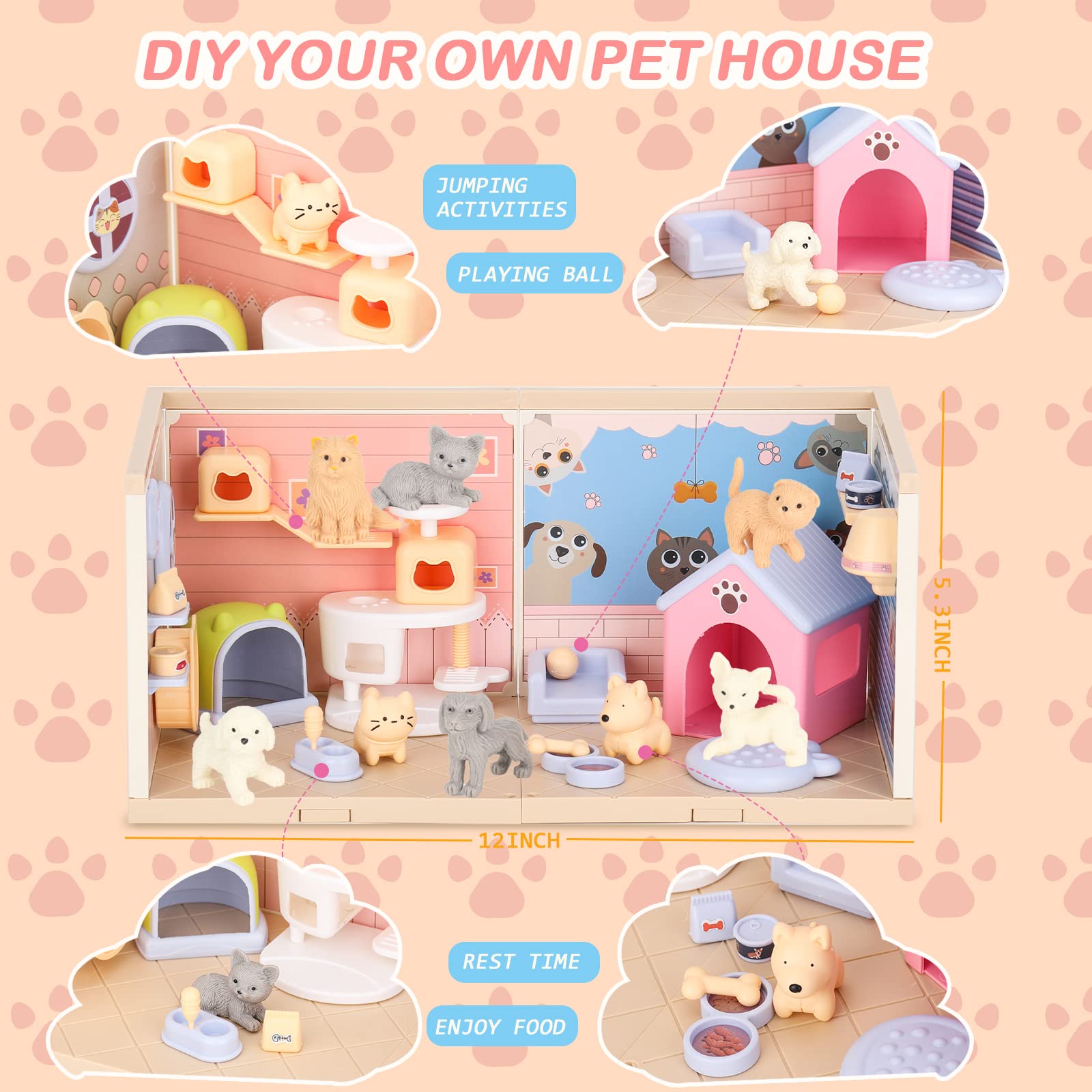 TQQFUN Pet Toys for Kids, STEM Toy 50 Pcs Cat and Dog Figures Playset, Pet Pretend Playset Toddlers Toys, Realistic Building Pet Care House, Educational Kitten Puppy Role Play for Boys and Girls