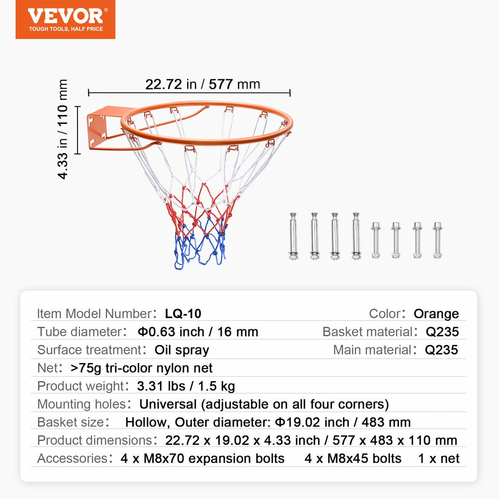 VEVOR Heavy Duty Q235 Basketball Flex Rim Goal Replacement with Net, Standard 45 cm