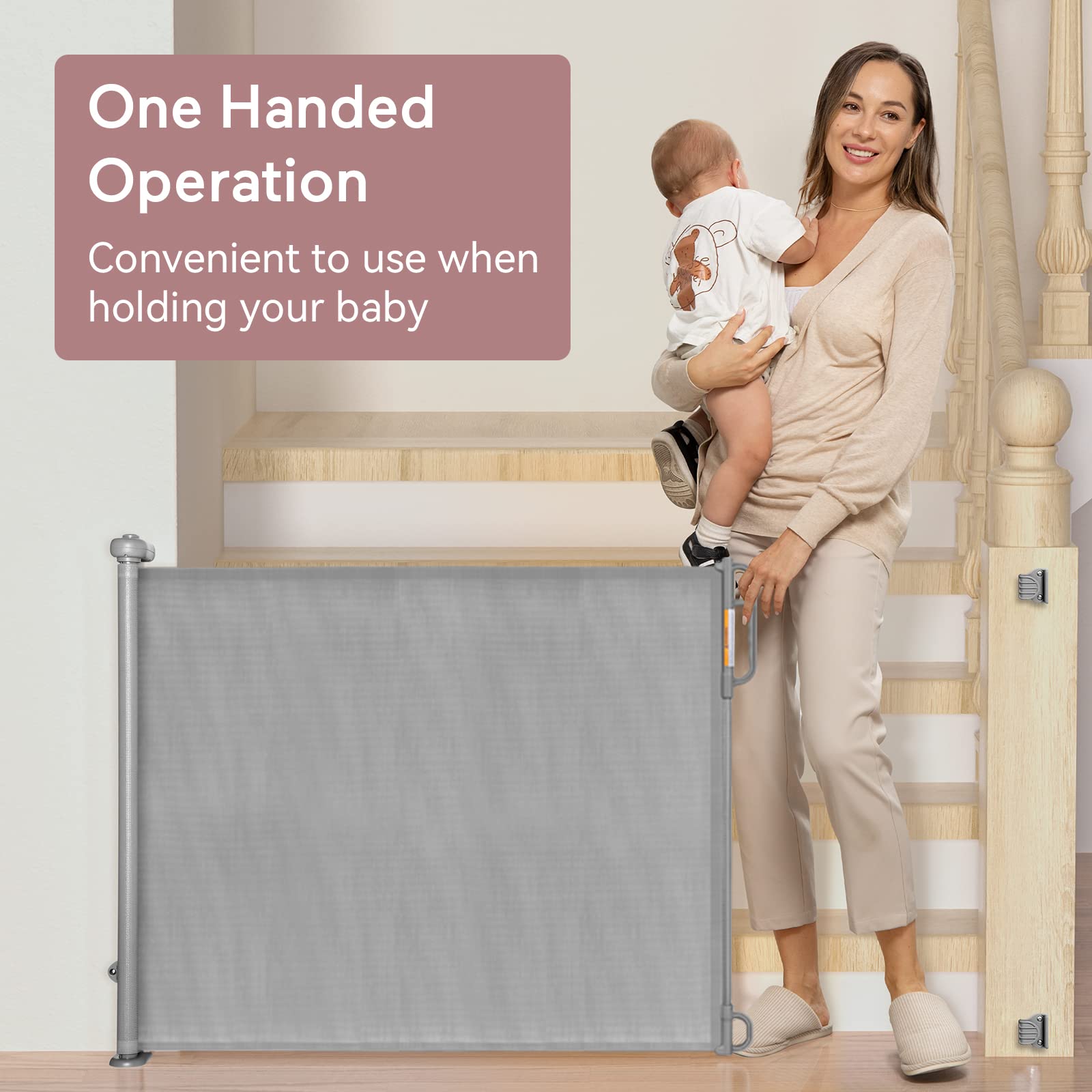 Momcozy Retractable Baby Gate, Mesh Baby Gate or Mesh Dog Gate, 83 CM Tall, Extends up to 140 CM Wide, Child Safety Gate for Doorways, Stairs, Hallways, Indoor/Outdoor, Grey
