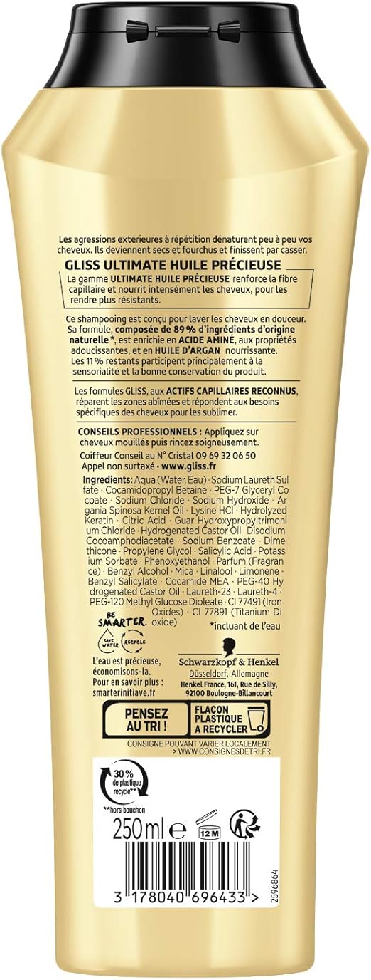 Schwarzkopf - Gliss - Shampoo with precious nourishing oil - Dry/very damaged hair - Anti-breakage effect - 89% ingredients of natural origin - 250ml bottle