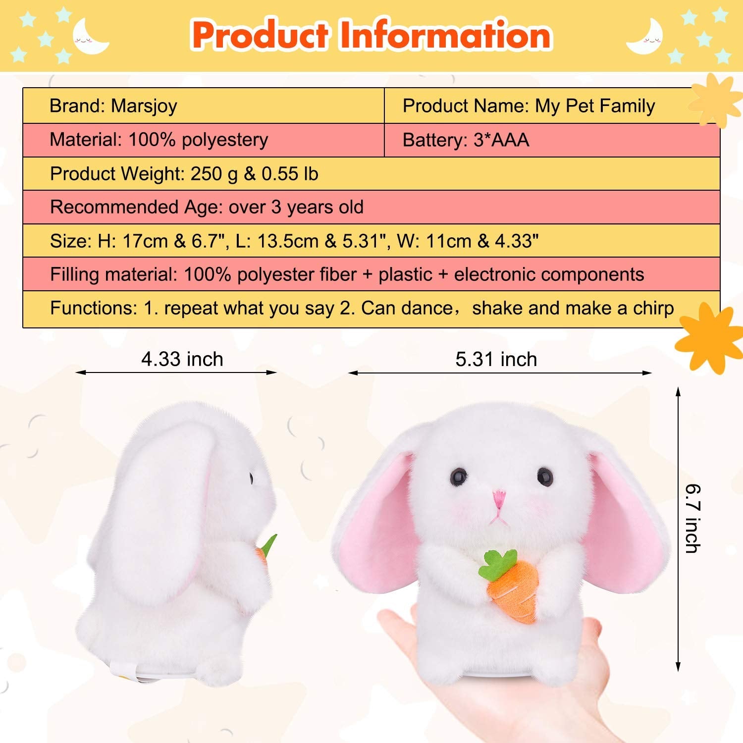 Marsjoy Easter Bunny Talking Robot - 6.3" Interactive Plush Toy, Repeats Your Words, Dances, and Shakes for Kids, Boys, Girls, and Babies