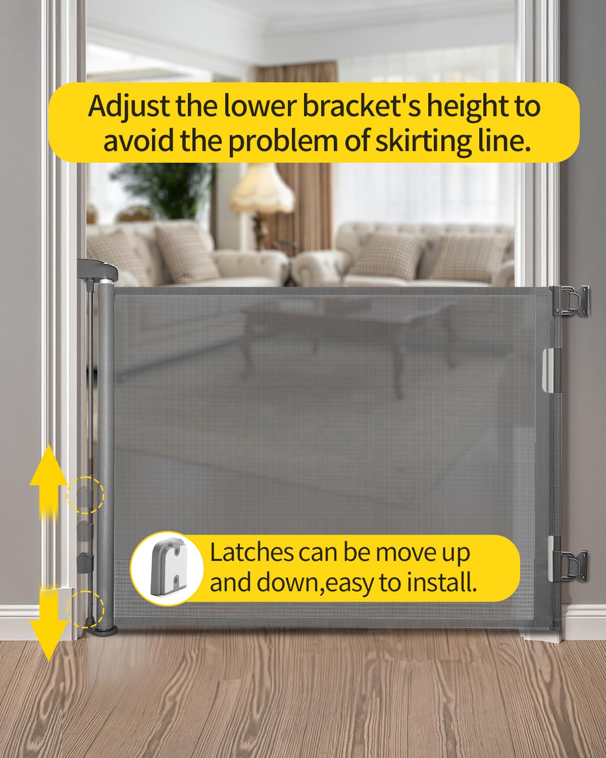 Dearlomum Retractable Baby Gate,Mesh Baby Gate or Mesh Dog Gate,84 cm Tall,Extends up to 140 cm Wide,Child Safety Gate for Doorways, Stairs, Hallways, Indoor/Outdoor（Grey)