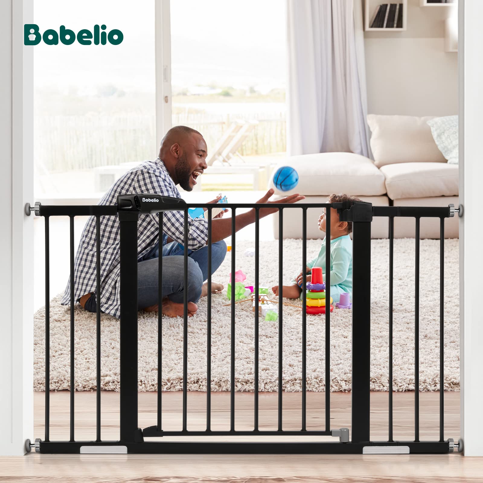 BABELIO Mom's Choice Award Winner- Metal Baby Gate, 29-48'' Wide Pet Gate, Walk Thru Child Safety Gate with Door, Pressure Mounted Dog Gate for Doorways & Stairs, with Y Spindle Rods