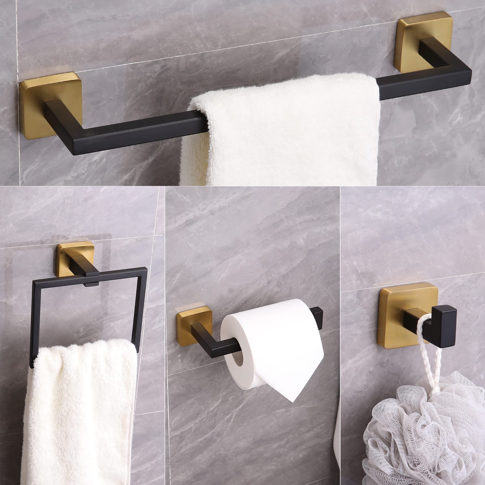Ntipox 4 Pieces Black and Brushed Gold Bathroom Hardware Accessories Set,Stainless Steel Square 16" Hand Towel Bar Set Gold, Towel Rack Set Wall Mounted
