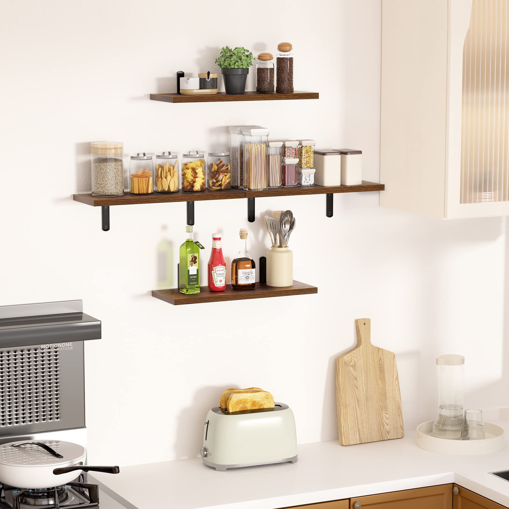 Upsimples Floating Shelves for Wall Decor Storage, Wall Mounted Shelves Set of 3, Sturdy Small Wood Shelves with Metal Brackets Hanging for Bedroom, Living Room, Bathroom, Kitchen, Book, Dark Brown