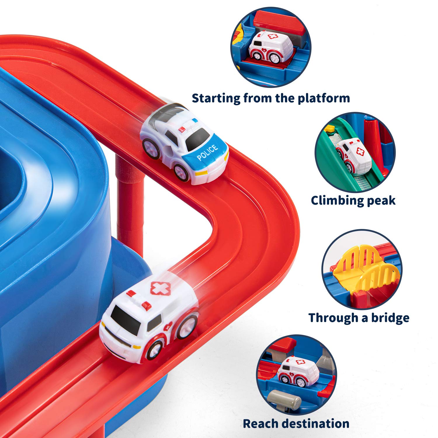 TEMI Kids Race Track Toys for Boy Car Adventure Toy for 3 4 5 6 7 Years Old Boys Girls, Puzzle Rail Car, City Rescue Playsets Magnet Toys w/ 3 Mini Cars, Preschool Educational Car Games Gift Toys