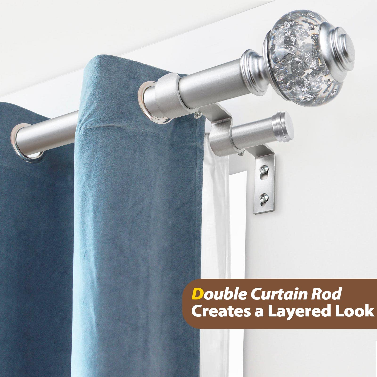 USFOOK 1 Inch Double Curtain Rods 72 to 144 Inches (6 to 12 ft), Silver Drapery Rods for Windows 69 to 140 Inches, Telescoping Dual Curtain Rod with Translucent Finials