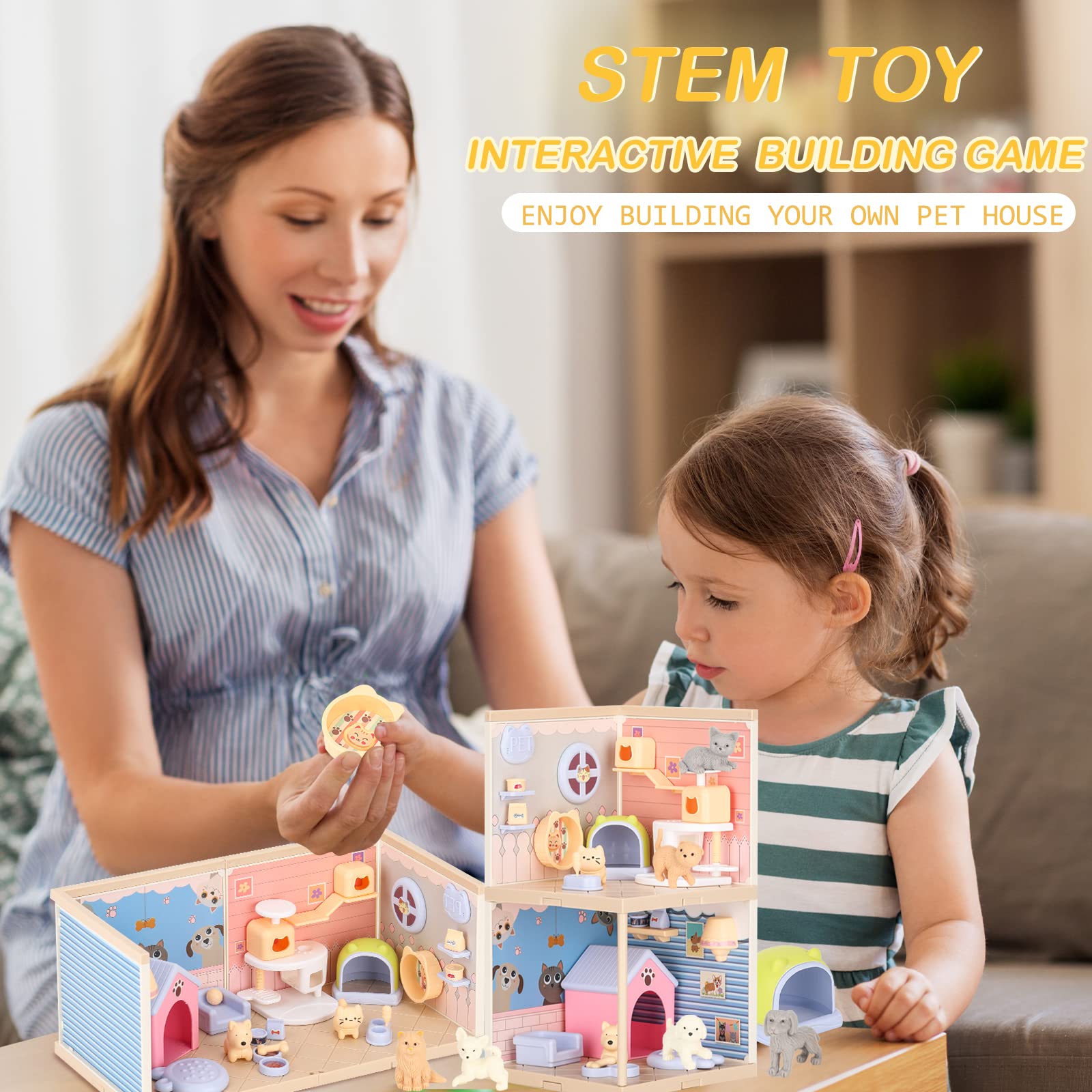 TQQFUN Pet Toys for Kids, STEM Toy 50 Pcs Cat and Dog Figures Playset, Pet Pretend Playset Toddlers Toys, Realistic Building Pet Care House, Educational Kitten Puppy Role Play for Boys and Girls