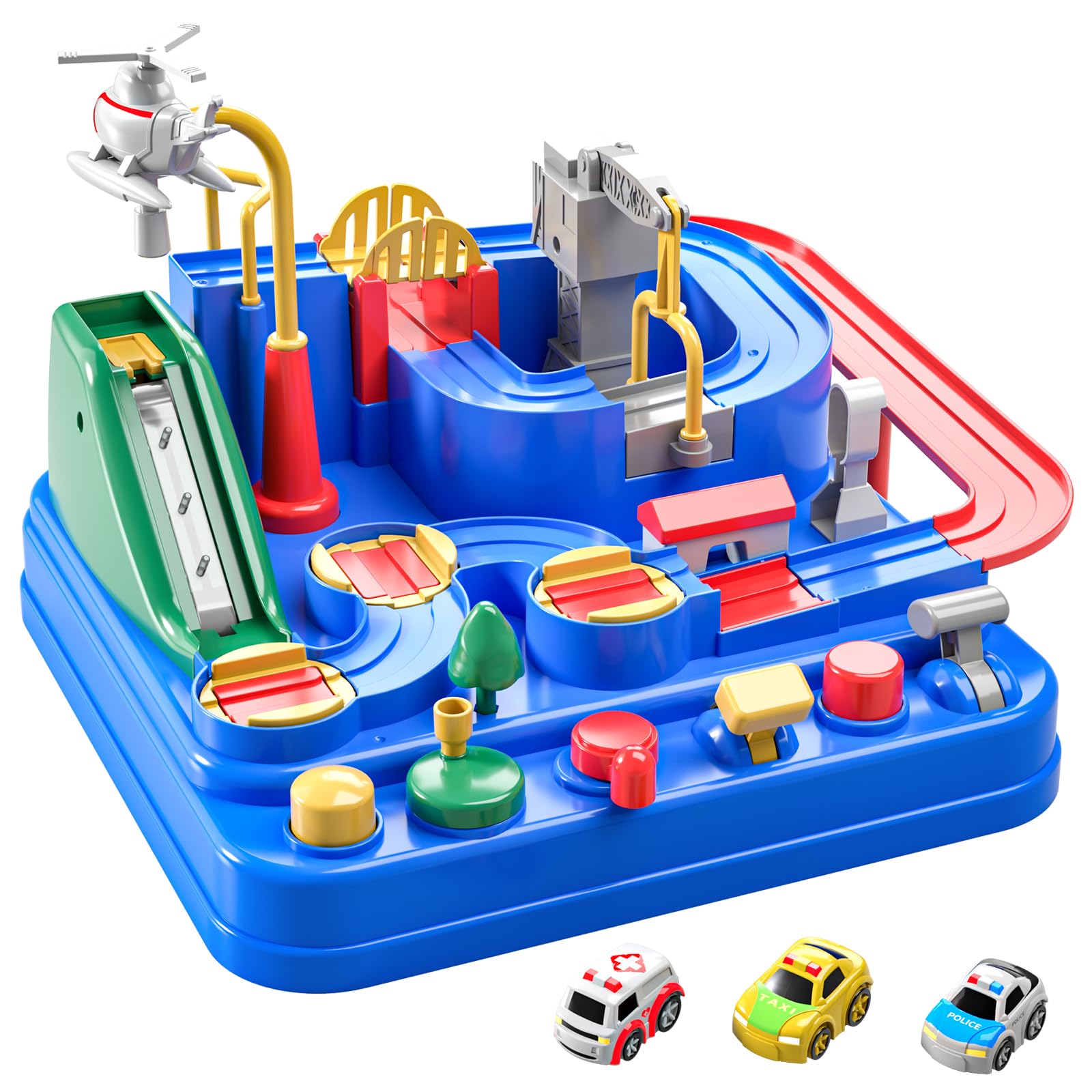 TEMI Kids Race Track Toys for Boy Car Adventure Toy for 3 4 5 6 7 Years Old Boys Girls, Puzzle Rail Car, City Rescue Playsets Magnet Toys w/ 3 Mini Cars, Preschool Educational Car Games Gift Toys