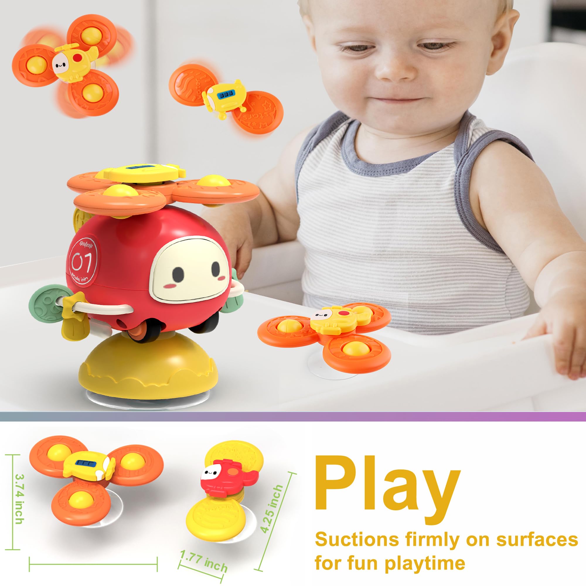 Dowellin 3-in-1 Spinner Toys High Chair Toy Table Toys for Kids, Car Toys and Helicopter Push Pull Toys Sucker Suction Toys for Child, Spinner Bath Toys for Baby Toddlers Infant 1 2 3 Years