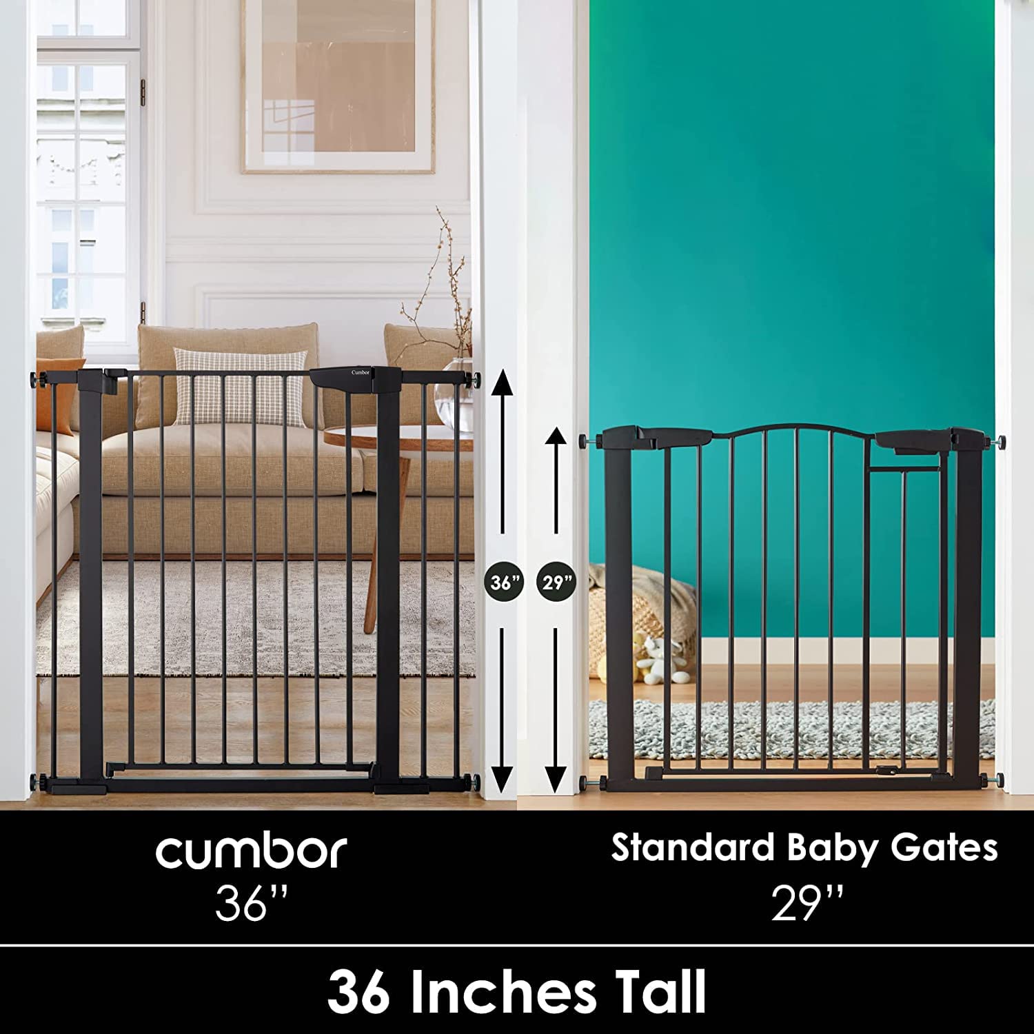 SIZE: 75-103 cm - Cumbor 36" Extra Tall Baby Gate for Dogs and Kids with Wide 2-Way Door, 29.7-40.6" Width, and Auto Close Personal Safety for Babies and Pets, Fits Doorways, Stairs, and Entryways