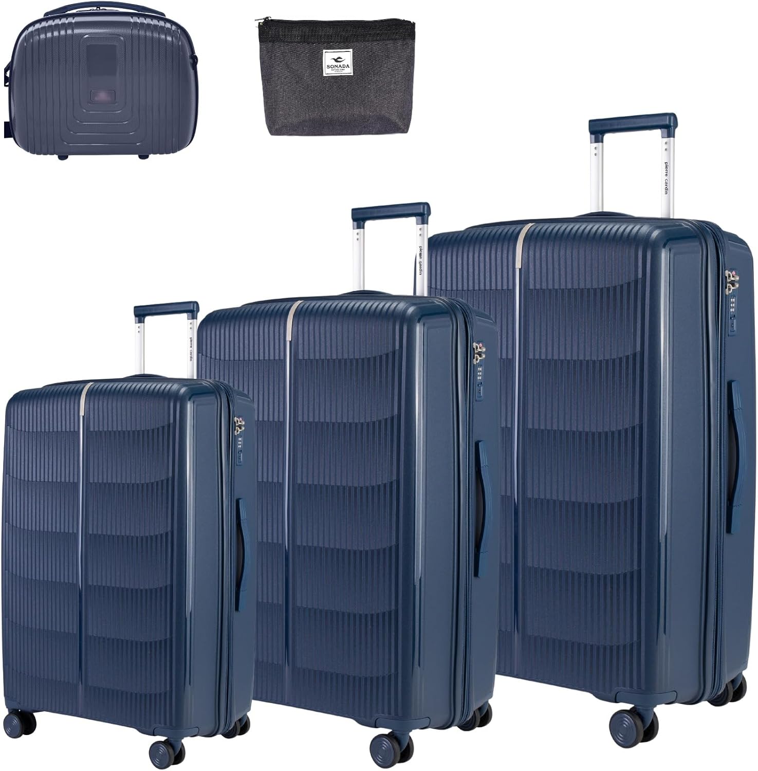 Pierre Cardin Unbreakable Luggage Set of 4, Expandable and Anti Theft Double Zipper Suitcase, 4 Double Smooth and Silent Wheels, TSA Approved Luggage for Travel (Navy)