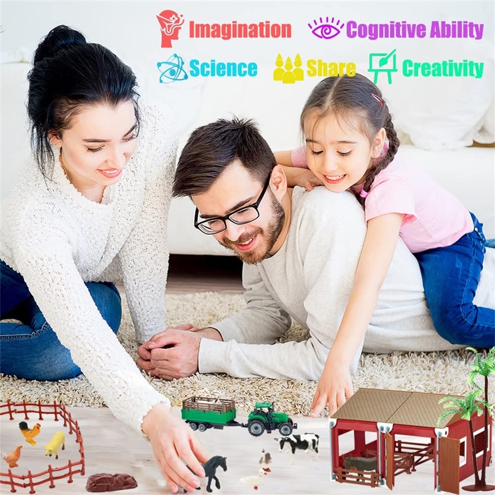 Buyger Mini Barn Farm Toys Playset, Plastic Animals Figurines and Fence Farm Playset, Farm Figures Farmer Vehicle Toy Truck with Trailer for 3-12 Years Old Kids Boys Girls Toddlers