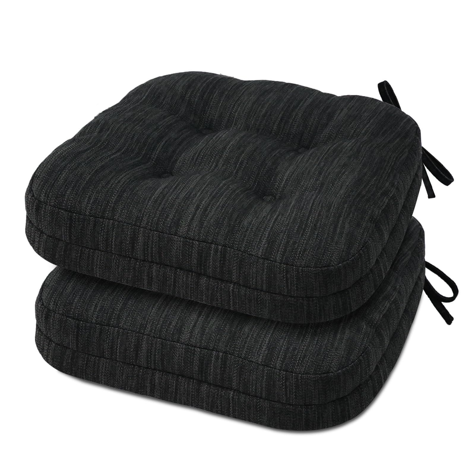 Shinnwa Chair Cushions for Dining Chairs 2 Pack, Tufted Memory Foam Kitchen Chair Cushions, Non-Slip Chair Pads with Ties, 16.5” x 16.5” x 3.5”, Charcoal, Set of 2