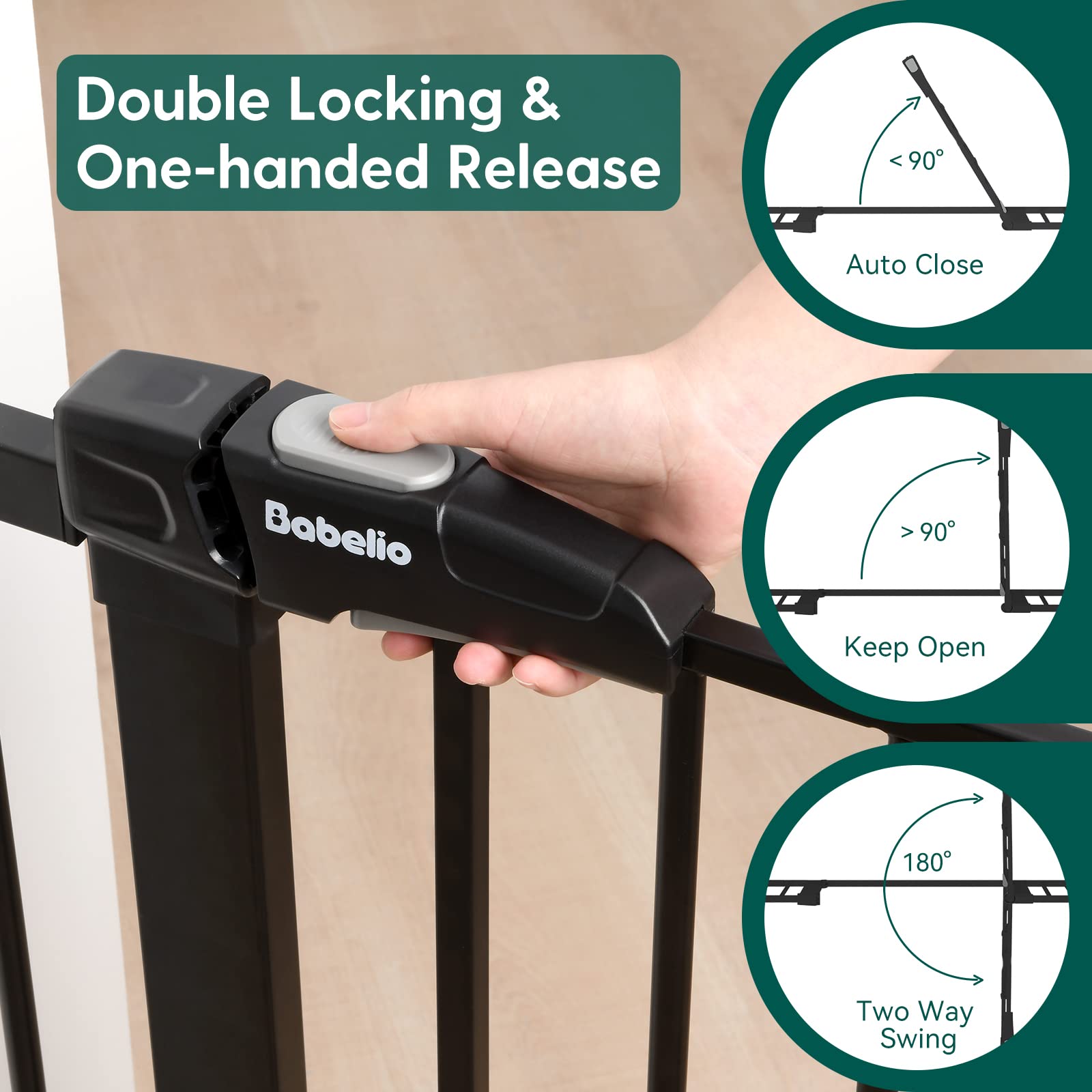BABELIO Mom's Choice Award Winner- Metal Baby Gate, 29-48'' Wide Pet Gate, Walk Thru Child Safety Gate with Door, Pressure Mounted Dog Gate for Doorways & Stairs, with Y Spindle Rods
