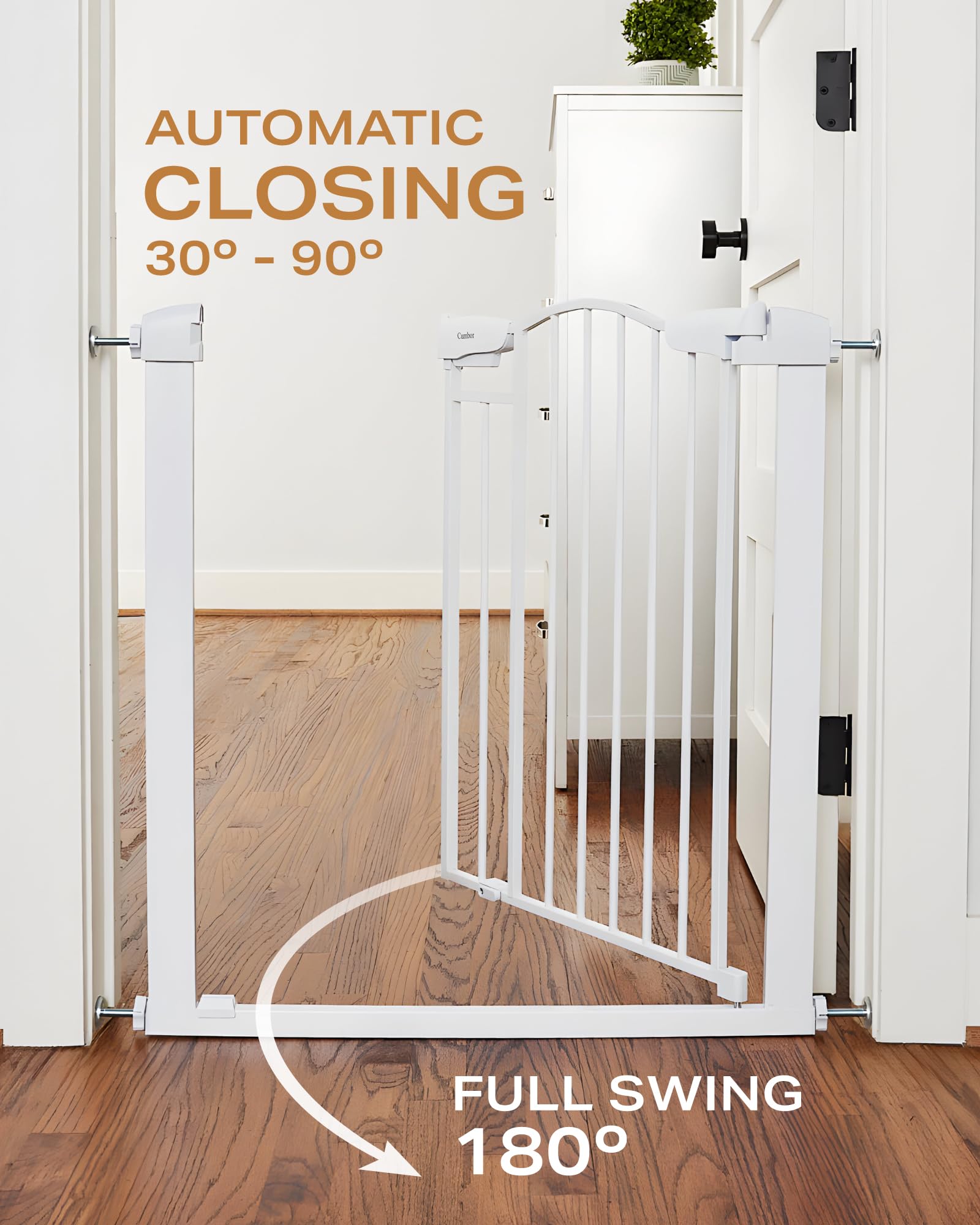 Cumbor 75-116 cm Arched Decor Baby Gate for Stairs No Drill, Mom's Choice Awards Winne, White , 78 cm Tall