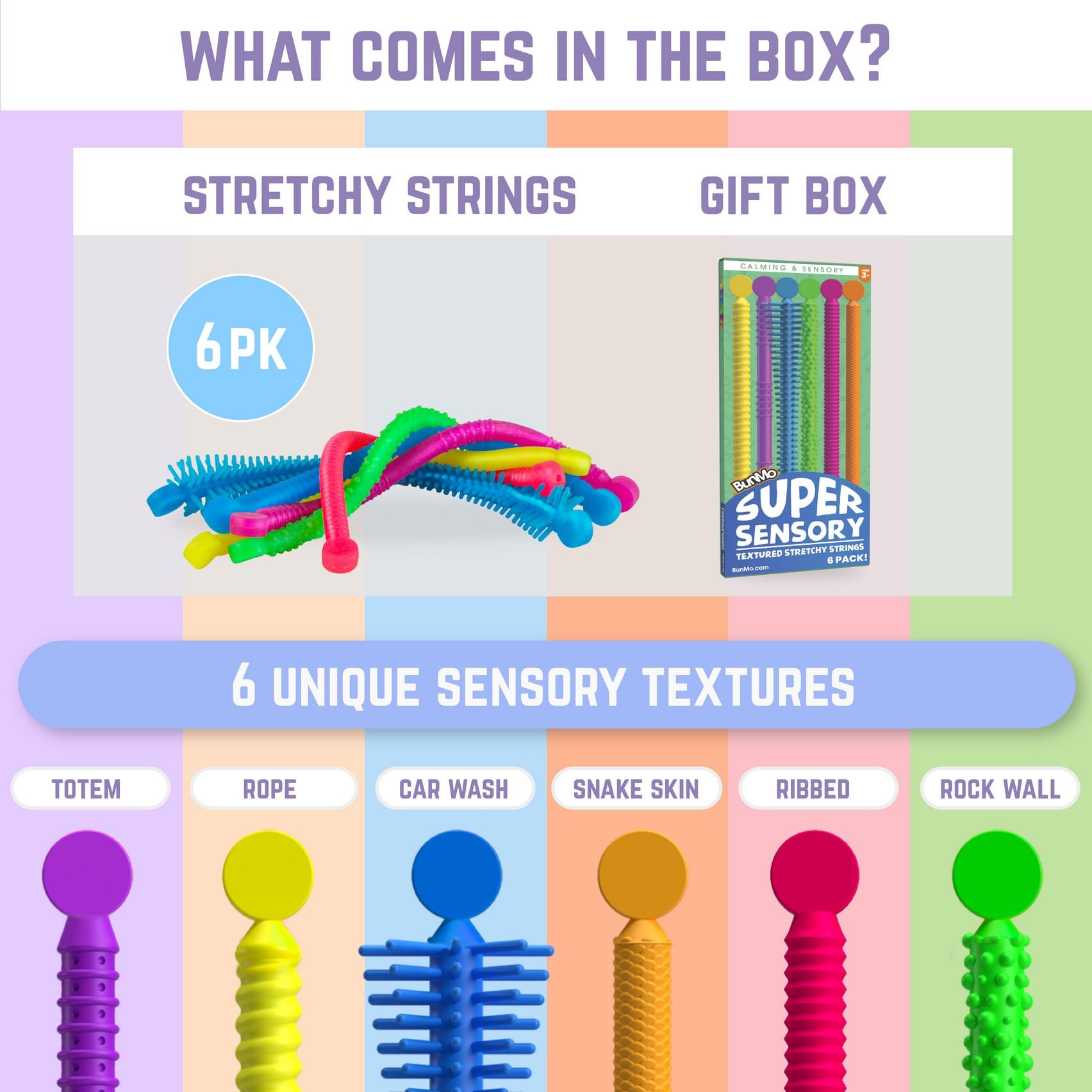 BUNMO Stretchy Strings - Sensory Toys for Toddlers 1-3 - Stimulating & Addictive Sensory Toys for Kids with Autism - Fidget Toy for Anxiety & Stress Relief - Hours of Fun for Kids - Super Sensory 6pk