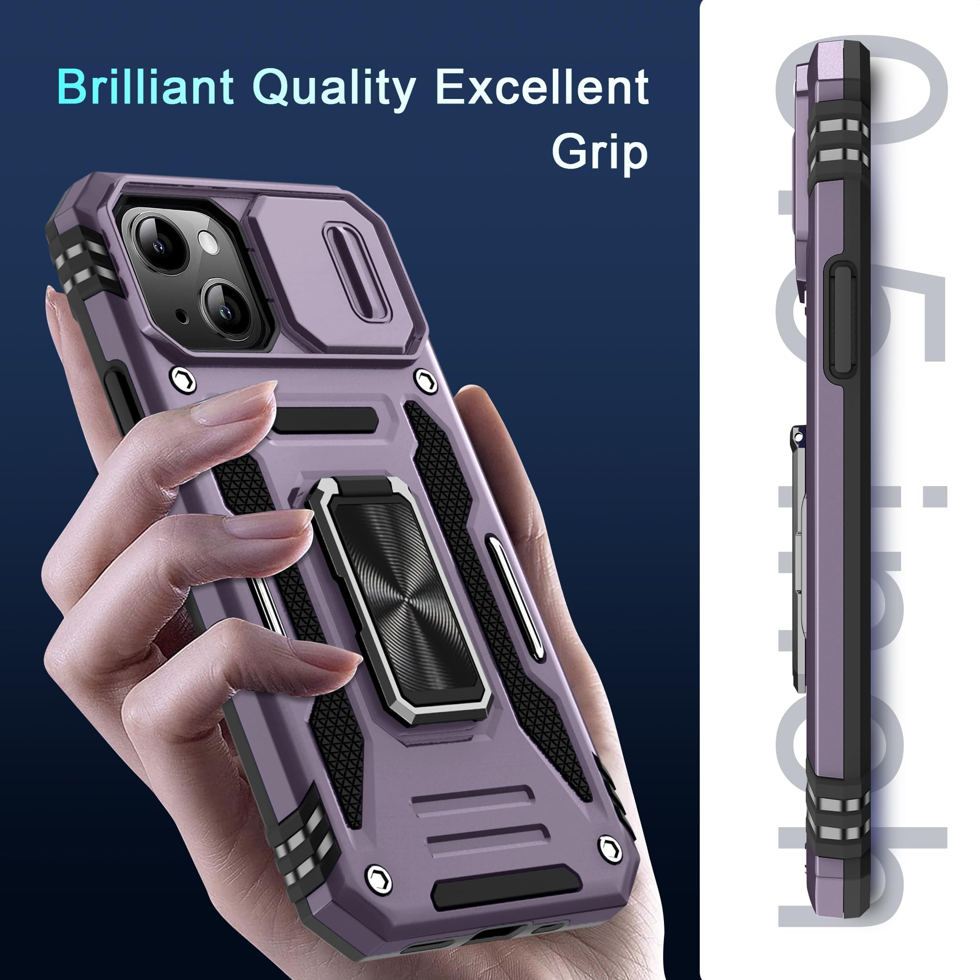جراب BAHAHOUSES لهاتف iPhone 15 مع غطاء كاميرا منزلق، وحامل حلقي دوار، وغطاء واقٍ مقاوم للصدمات بدرجة عسكرية - أرجواني غامق