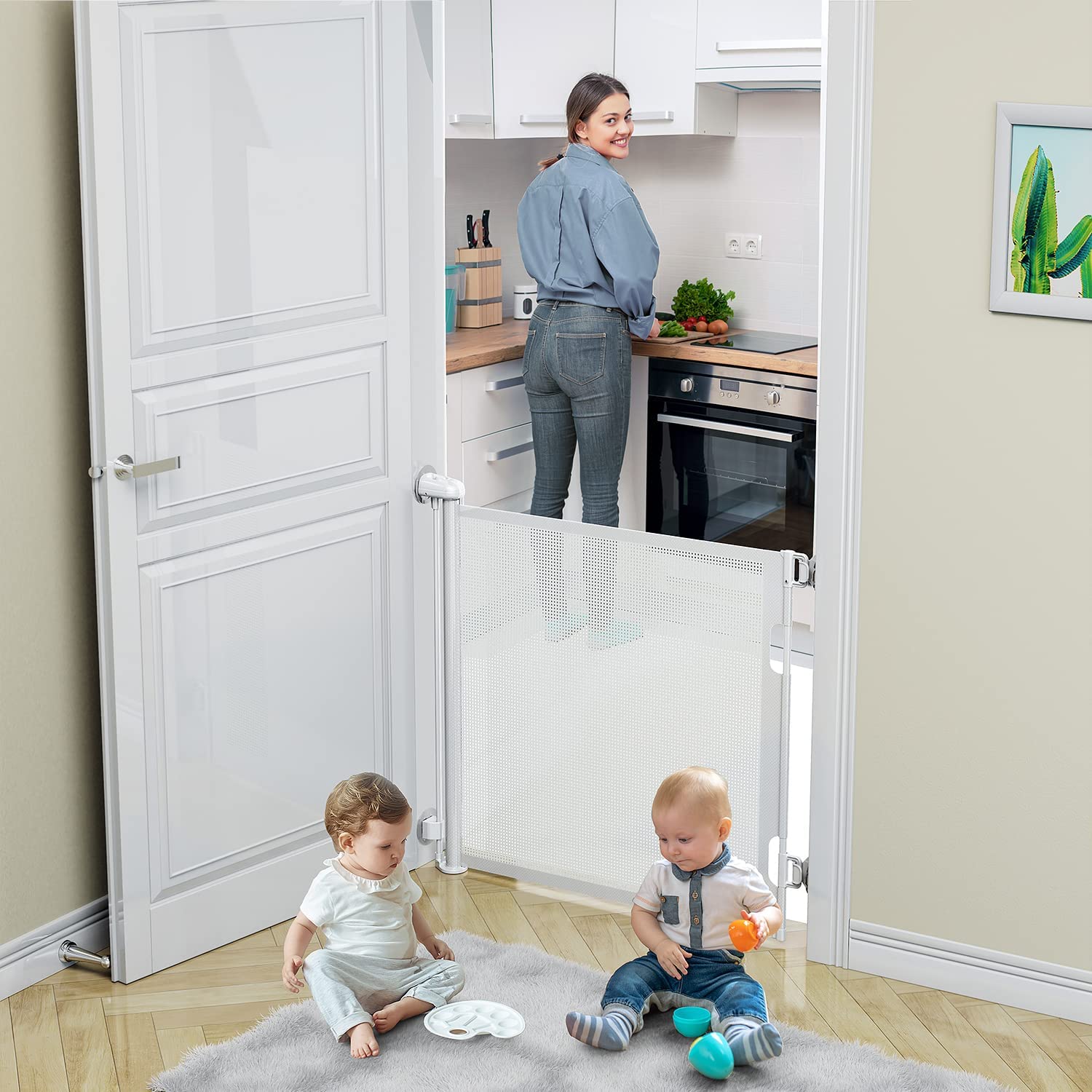 Beauenty Retractable Baby Gate, Baby Gate for Smooth Wall No Drilling, Adjustable Width and Height, Pet Gate for Doorway, Staircase, Indoor, Outdoor (White 150CM x 88CM)