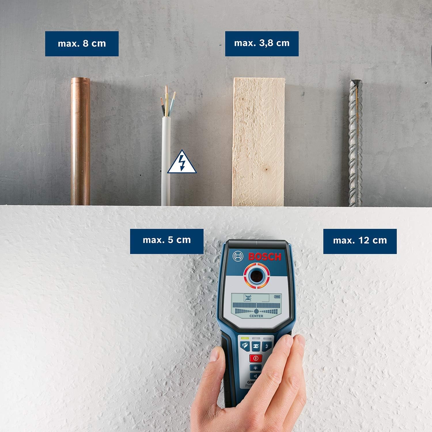 Bosch Professional Stud Finder GMS 120 (Drill Hole Marker, max. Detection Depth Wood/Magnetic Metal/Non-Magnetic Metal/Live Cable: 38/120/80/50 mm, in Cardboard Box)