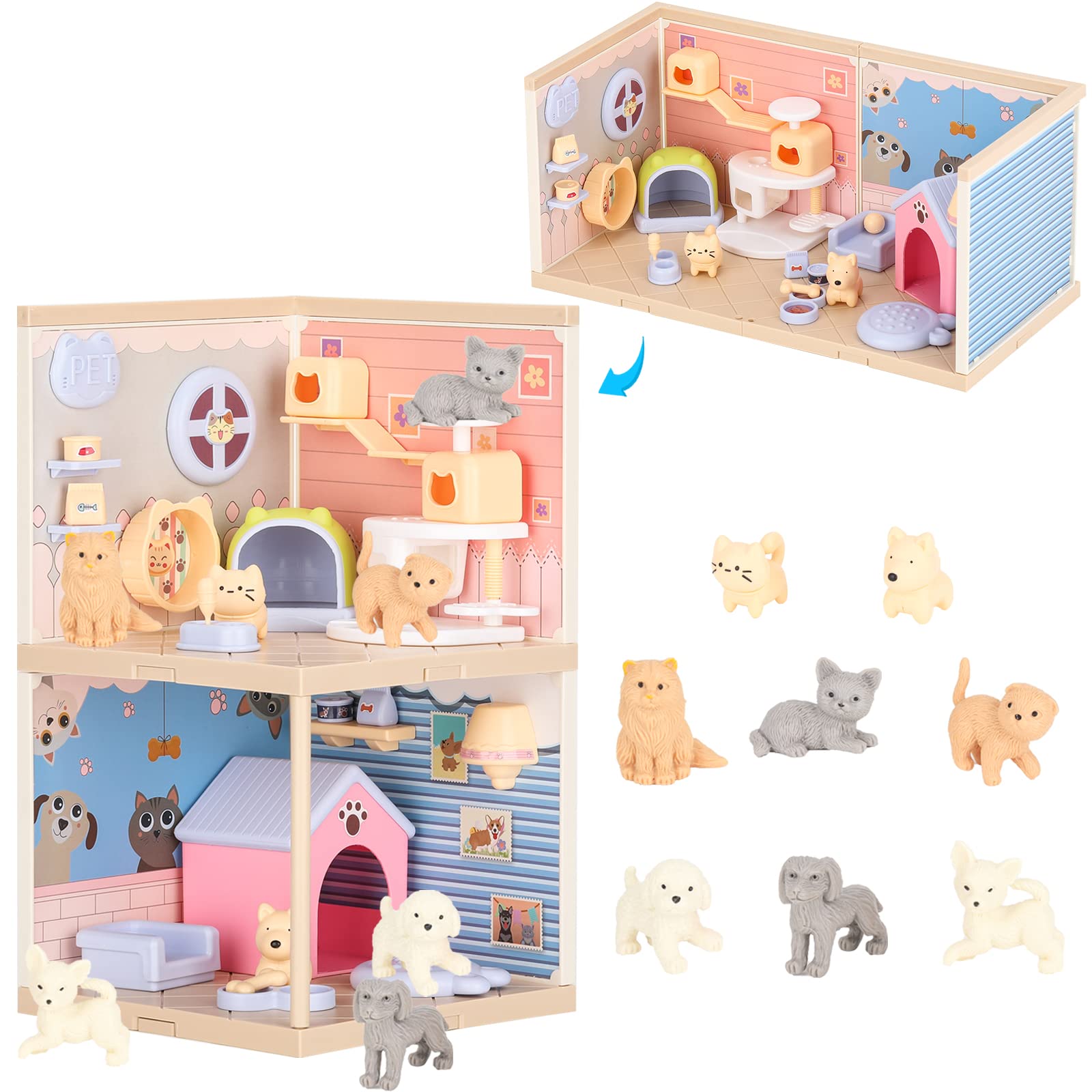 TQQFUN Pet Toys for Kids, STEM Toy 50 Pcs Cat and Dog Figures Playset, Pet Pretend Playset Toddlers Toys, Realistic Building Pet Care House, Educational Kitten Puppy Role Play for Boys and Girls