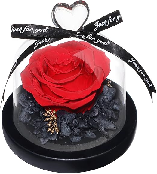 Preserved Rose in Heart Design Glass Dome