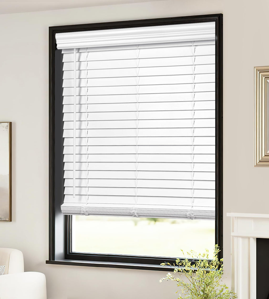 LazBlinds  Cordless Faux Wood Blinds with Royal Valance, Size: 77 cm (W) x 182 cm (H)- White