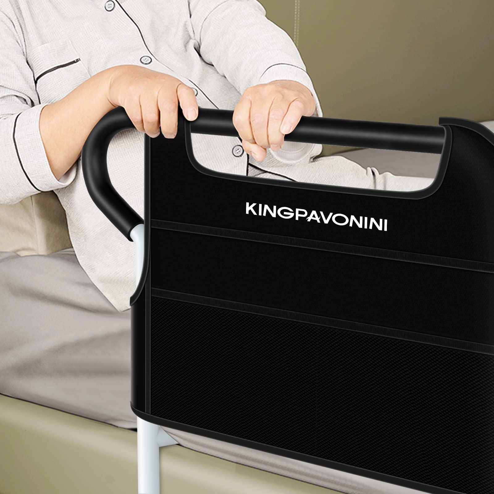 KingPavonini Bed Rails for Elderly Adults Safety - Adjustable Bed Cane with Non-Slip Ergonomic Handle and Storage Pocket, Stable Bed Assist Rails for Seniors Hold up to 400 Lbs, Tool-Free Assembly