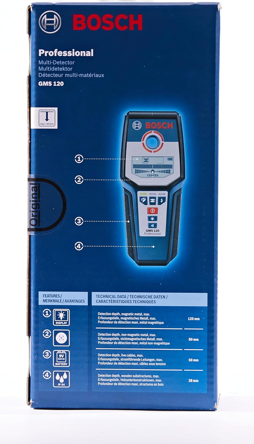 Bosch Professional Stud Finder GMS 120 (Drill Hole Marker, max. Detection Depth Wood/Magnetic Metal/Non-Magnetic Metal/Live Cable: 38/120/80/50 mm, in Cardboard Box)