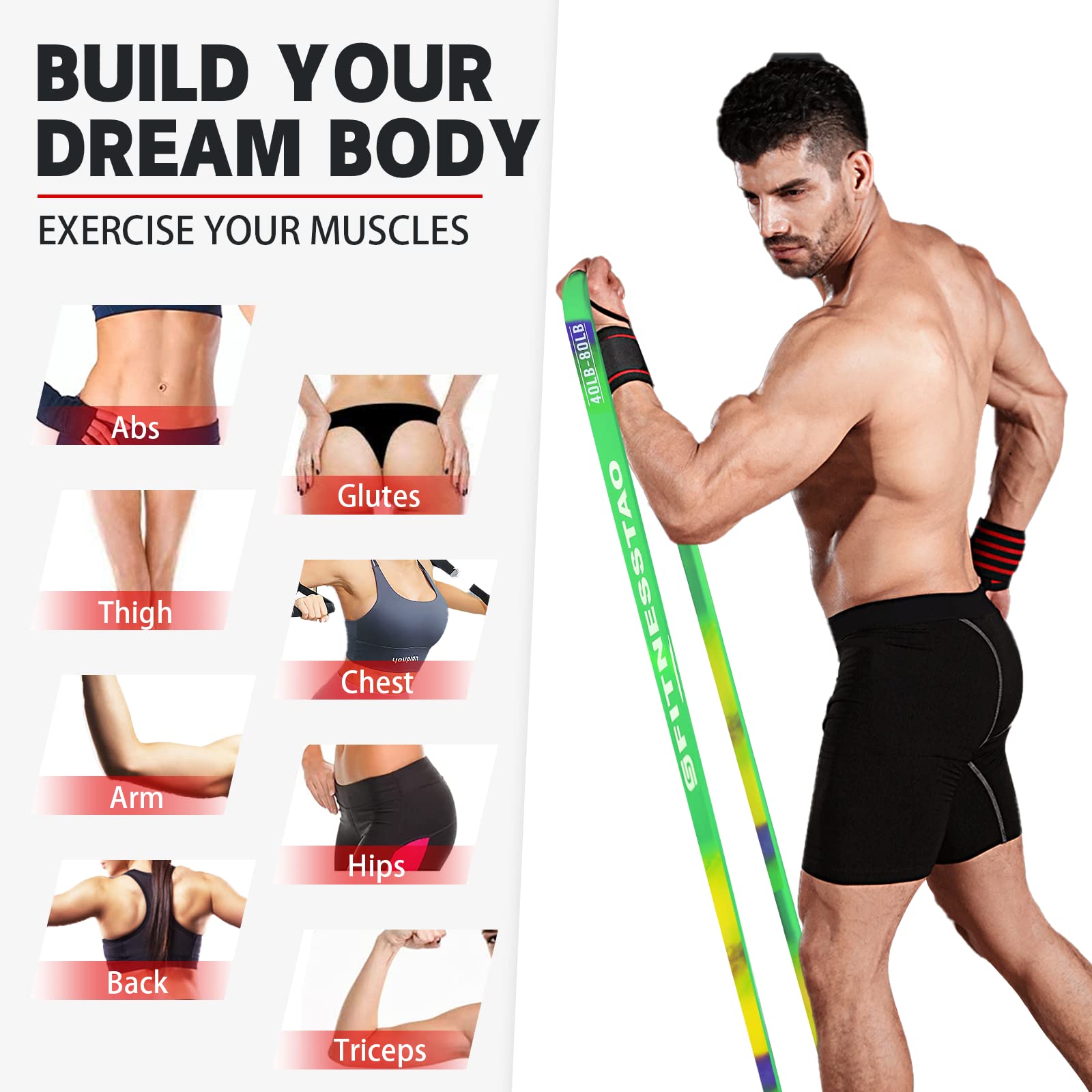 FITNESSTAO Resistance Band Sets, (5 Pack Green)