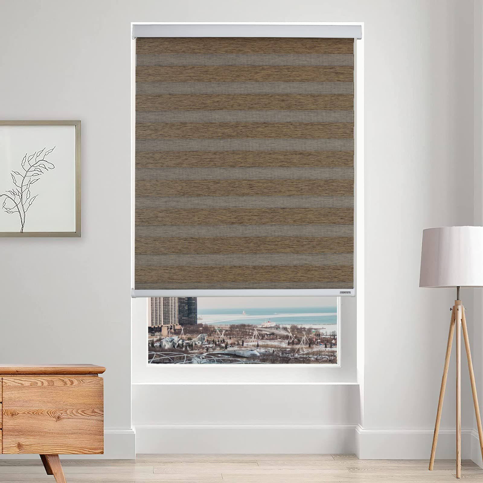 ShadesU Cordless Zebra Shades for Windows, W 152 cm x H 182 cm, Brown