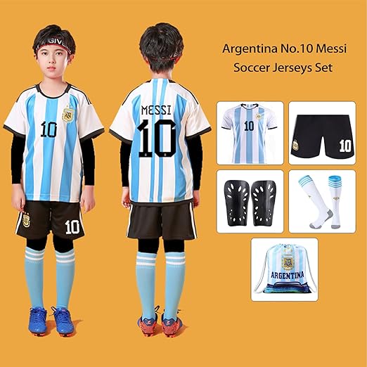 Kids Soccer Jersey 2023 Tiokkss Argentina Blue #10 Messi Kids Soccer Jersey & Shorts Shin Guards Backpack Drawstring Ball Bag Set Youth Sizes