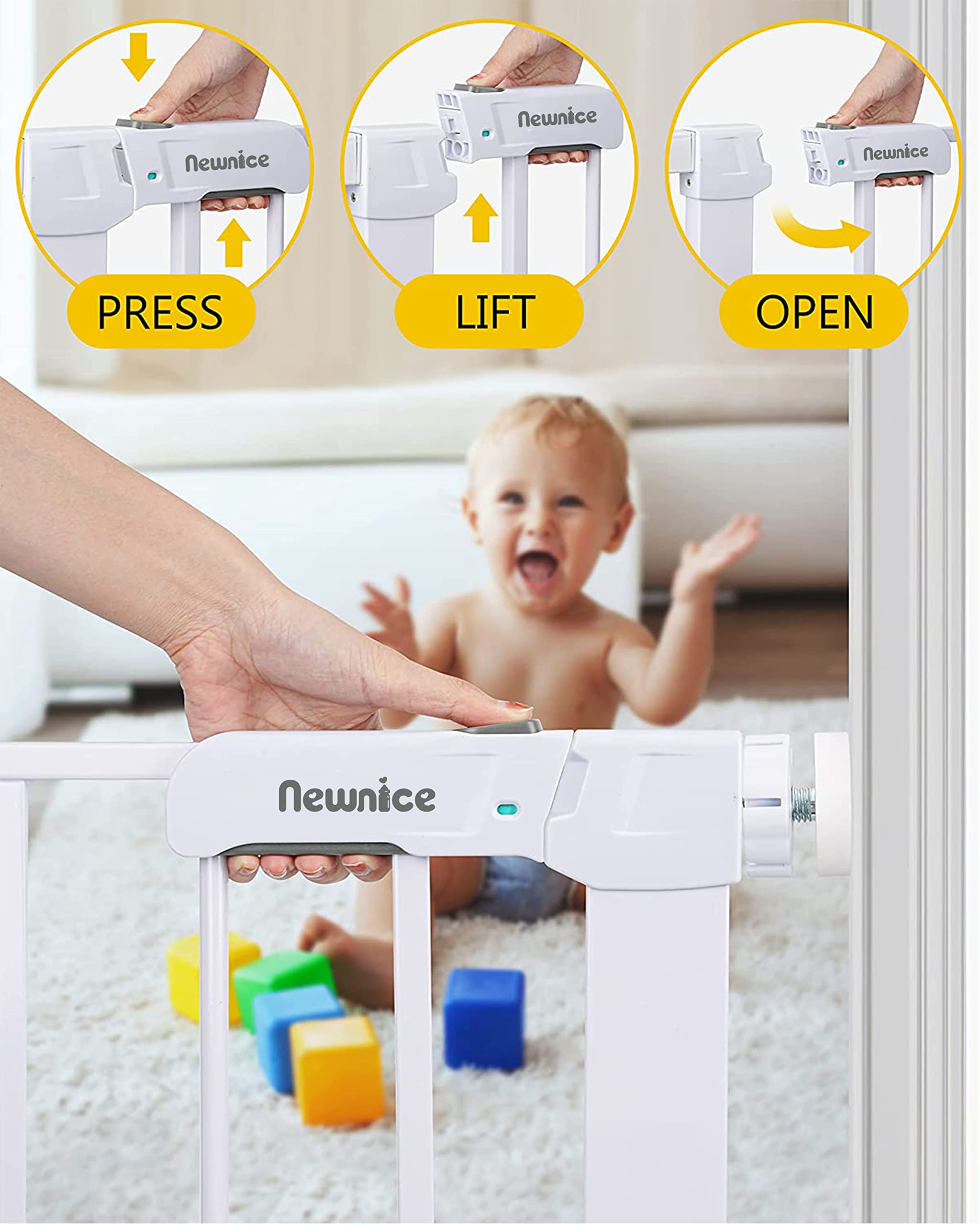 Newnice 26-29'' Narrow Baby Gate with Cat Door, Auto Close & Easy Walk Thru Dog Pet Gates for Stairs, Doorway, House, Pressure Mounted Safety Child Gate Includes 4 Wall Cups, White