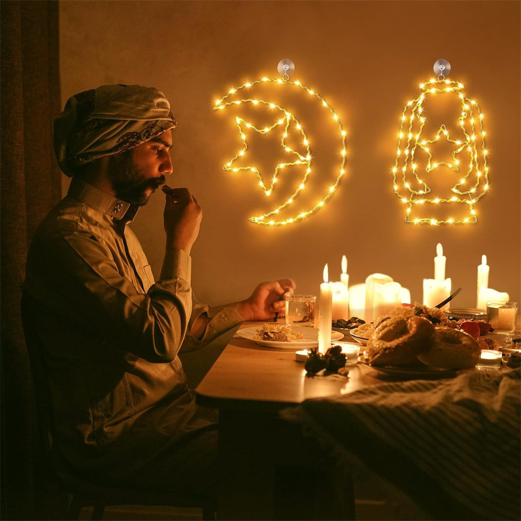 Enhon 2 Pcs Ramadan Mubarak Decorations Window Light, 8 Light Modes Warm White Eid Mubarak Silhouette Light Battery Operated, Islamic Muslim Decor for Window Door Wall (Star Moon and Candle Lantern)