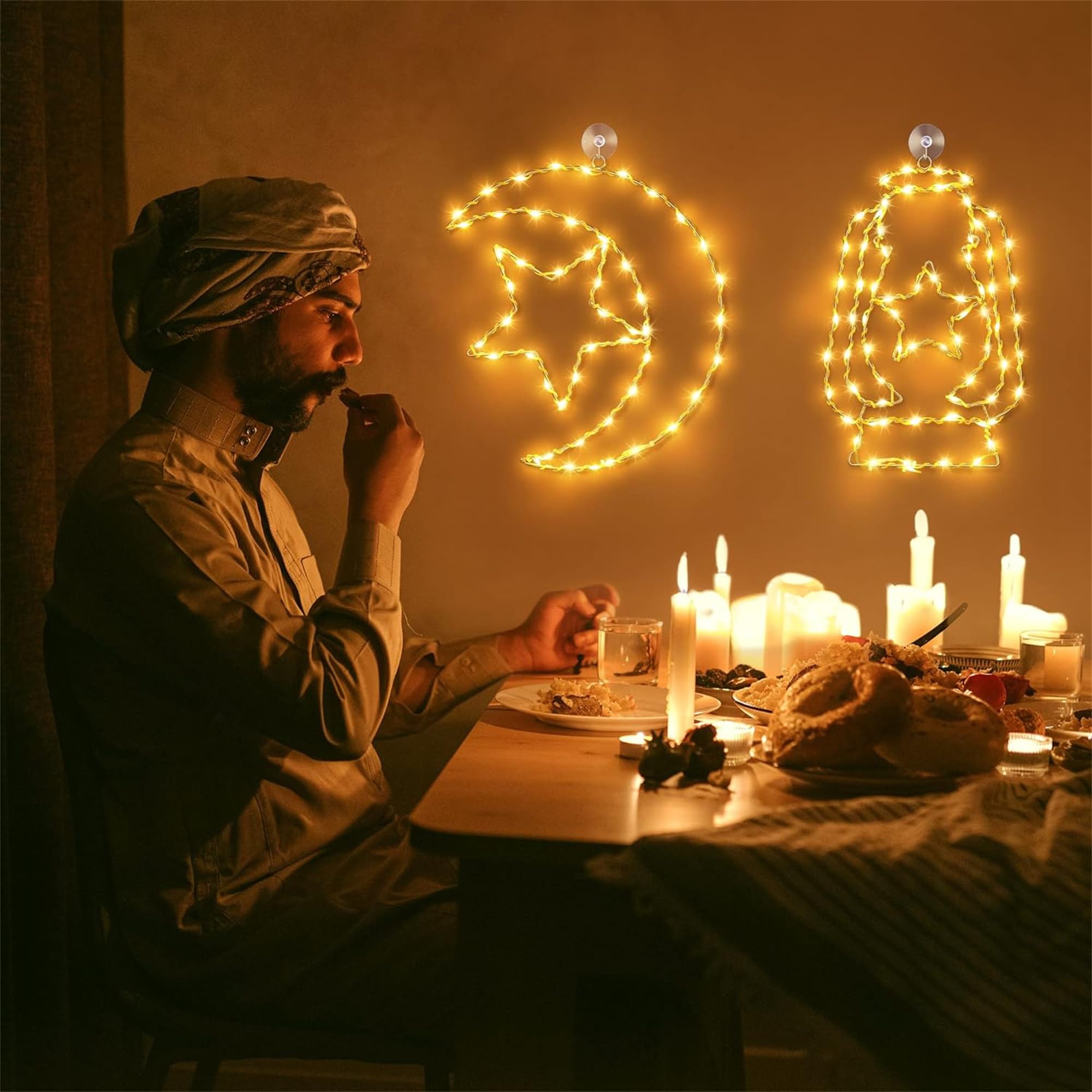 Enhon 2 Pcs Ramadan Mubarak Decorations Window Light, 8 Light Modes Warm White Eid Mubarak Silhouette Light Battery Operated, Islamic Muslim Decor for Window Door Wall (Star Moon and Candle Lantern)