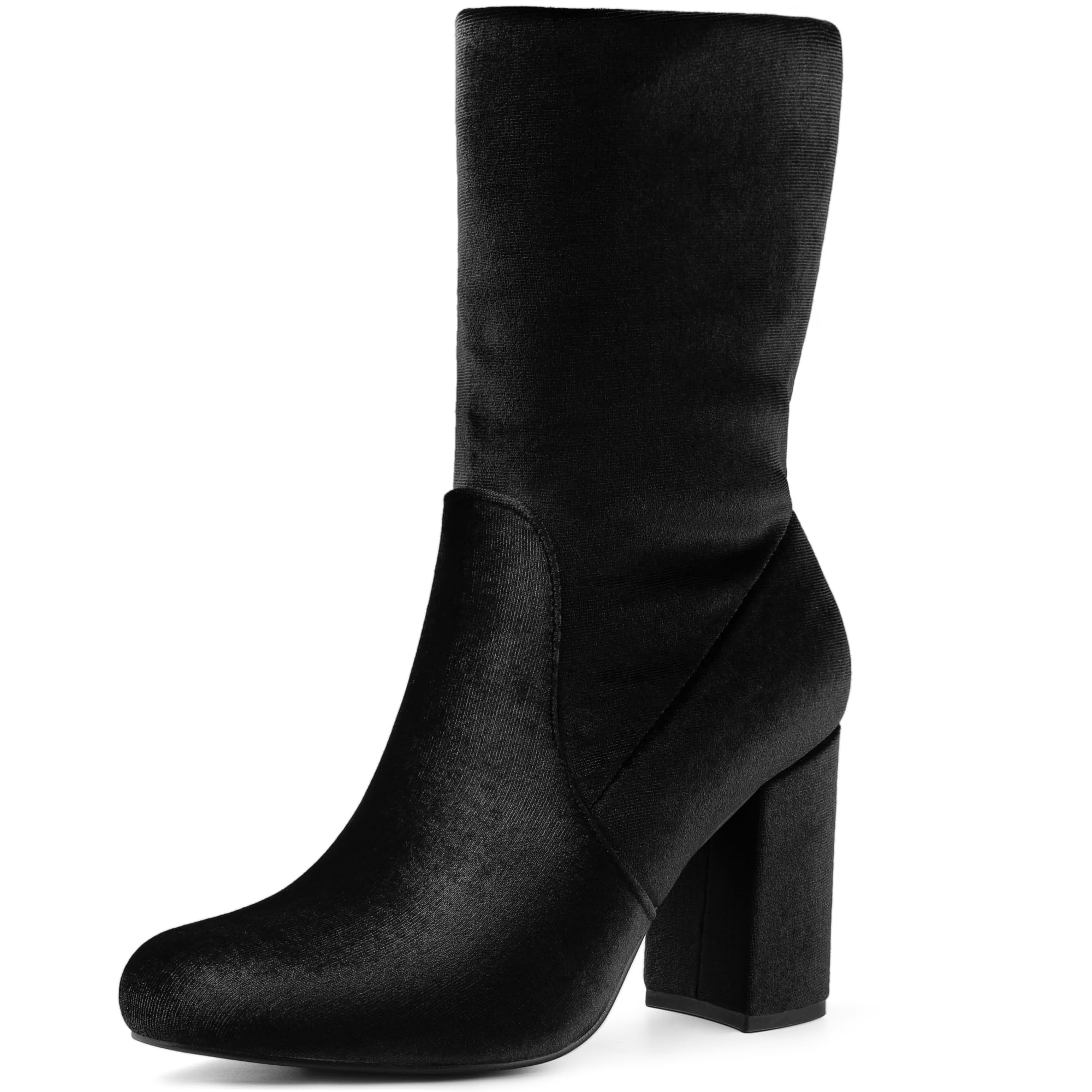 SIZE: 39 - Allegra K Women's Velvet Sock Boot Round Toe Block Heels Foldable Black Mid Calf Boots