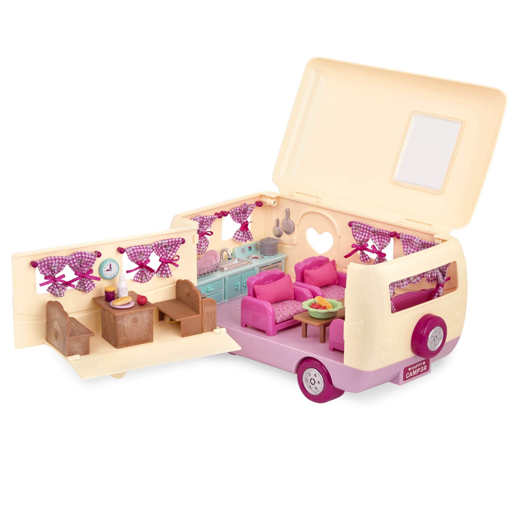 Li’l Woodzeez – Happy Camper Pink with Detachable Toy Vehicle – 40 Pcs Dollhouse Playset Including Furnitures, Play Food & Kitchen Accessories for Kids Age 3+ – Doll Figures Sold Seperately