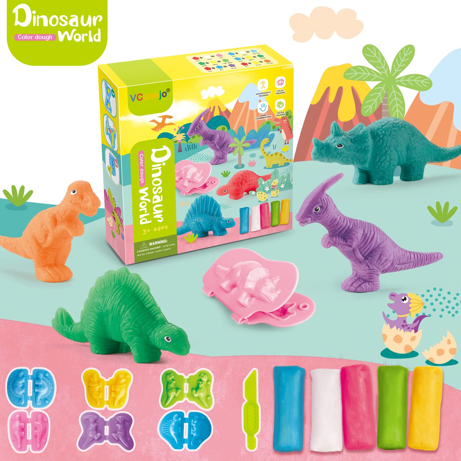 SEALED -  VConejo Color Dough Toys Dough Accessories Set Creations Tools for Kid 2-4-8 Years (Dinosaurs World)