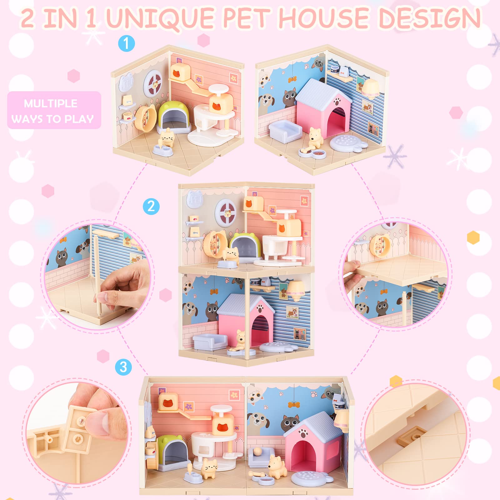 TQQFUN Pet Toys for Kids, STEM Toy 50 Pcs Cat and Dog Figures Playset, Pet Pretend Playset Toddlers Toys, Realistic Building Pet Care House, Educational Kitten Puppy Role Play for Boys and Girls