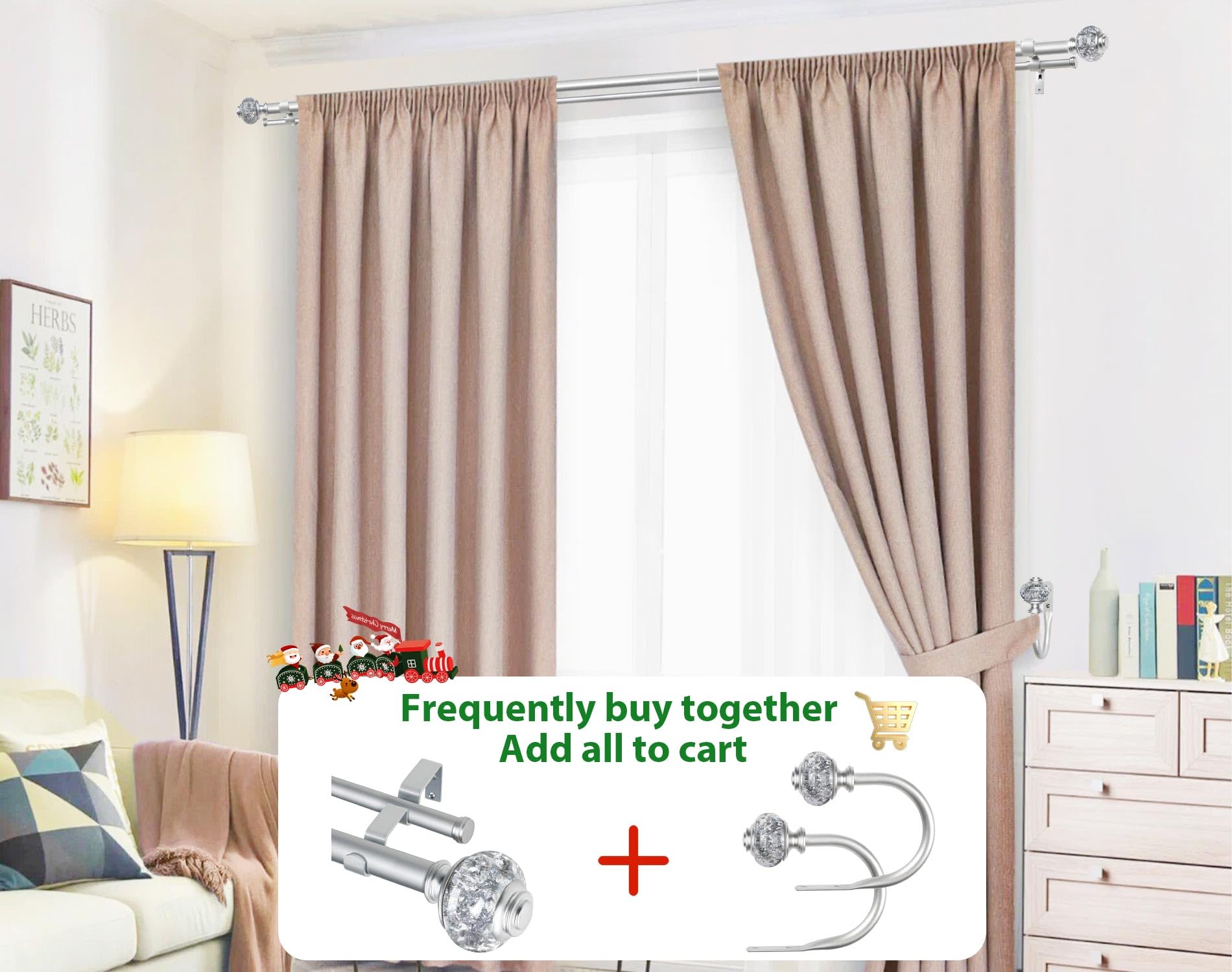 USFOOK 1 Inch Double Curtain Rods 72 to 144 Inches (6 to 12 ft), Silver Drapery Rods for Windows 69 to 140 Inches, Telescoping Dual Curtain Rod with Translucent Finials
